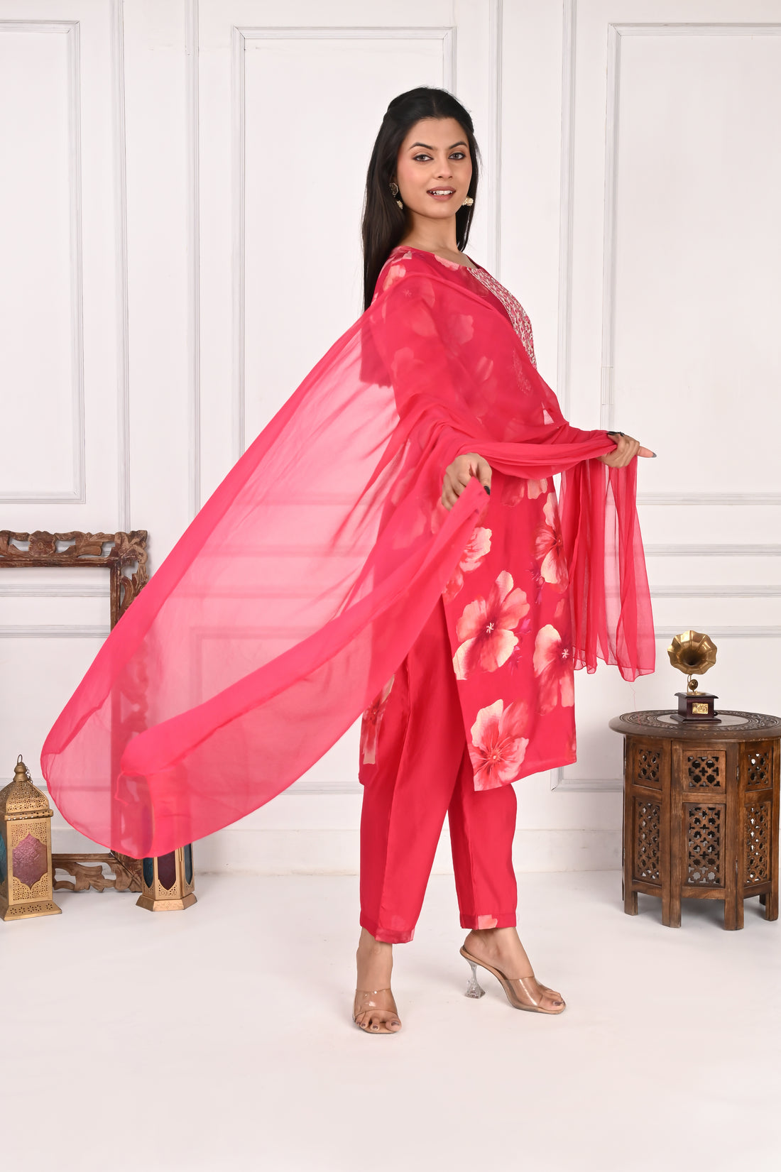 NR-132 Red Floral Printed Kurta Set with Dupatta