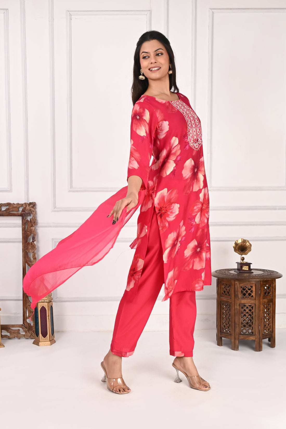 NR-132 Red Floral Printed Kurta Set with Dupatta