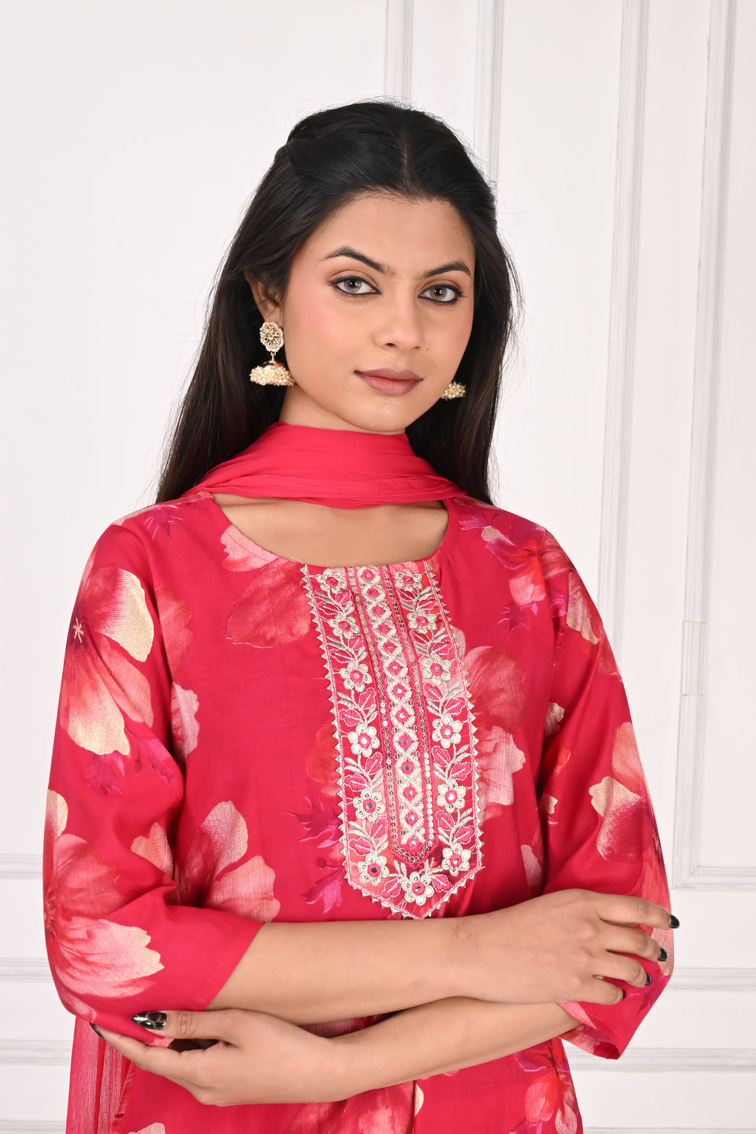 NR-132 Red Floral Printed Kurta Set with Dupatta