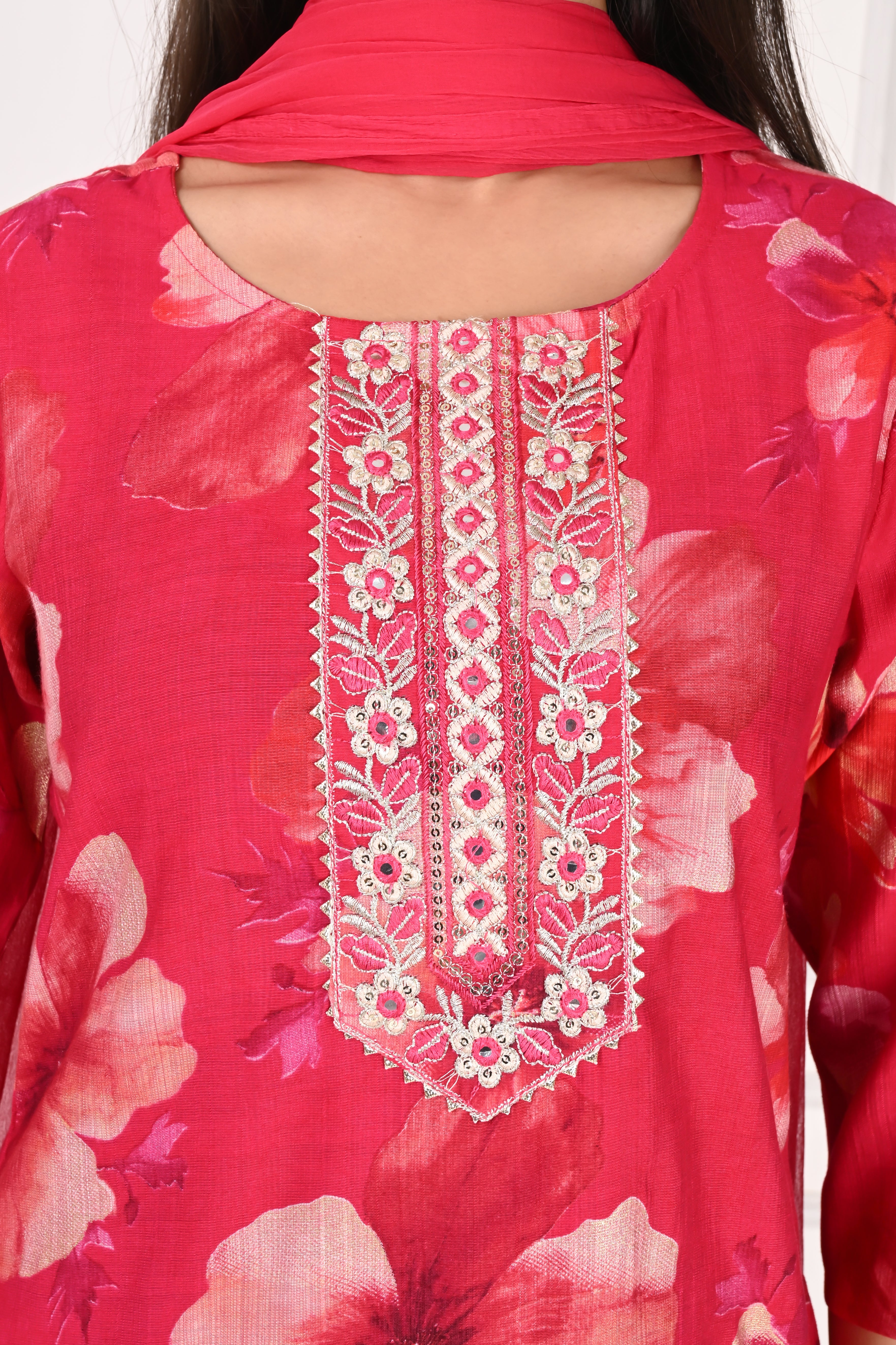 NR-132 Red Floral Printed Kurta Set with Dupatta
