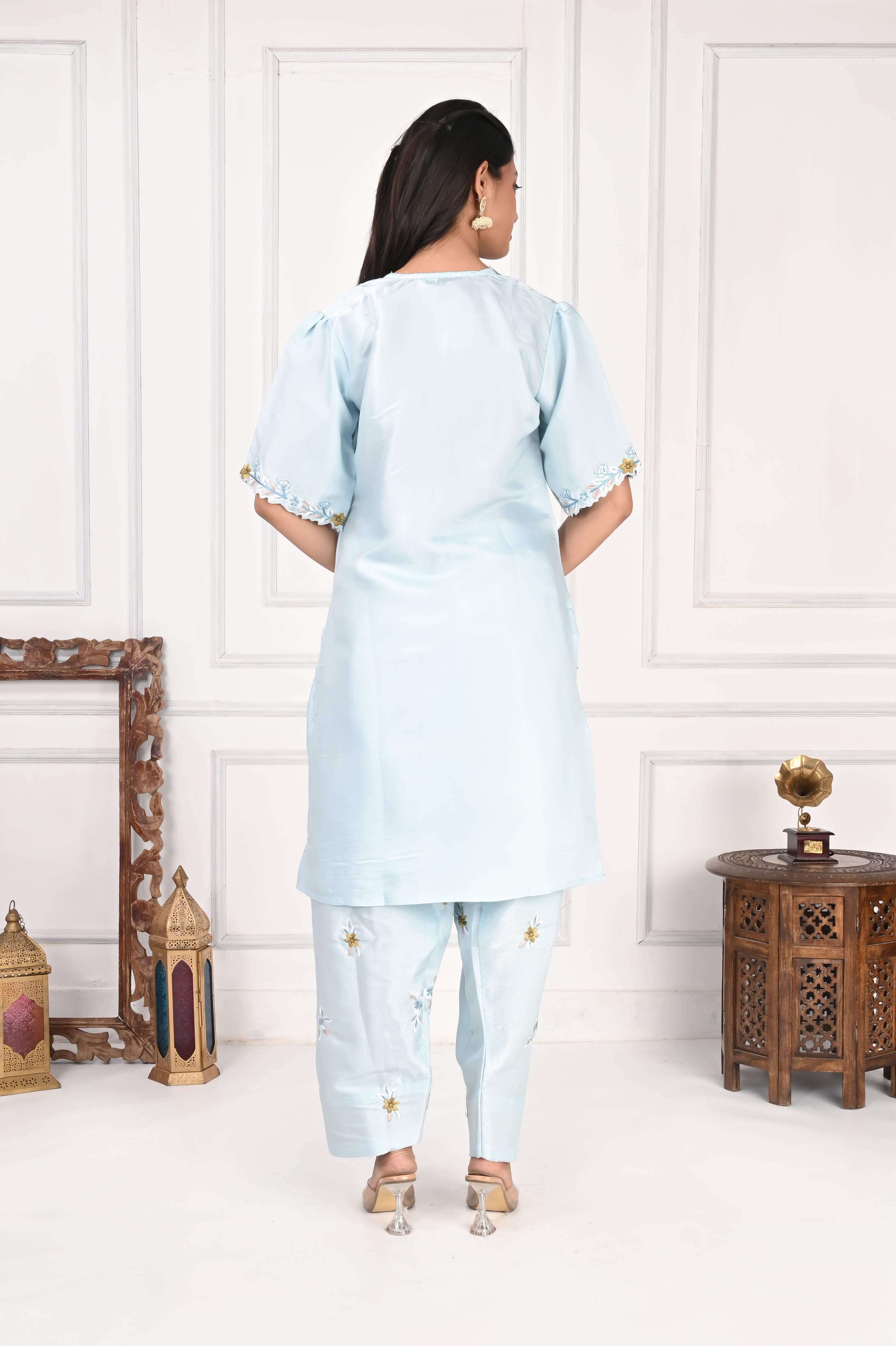 NR-133 Sky Blue Embroidered Kurta Set with Farsi Salwar & Dupatta