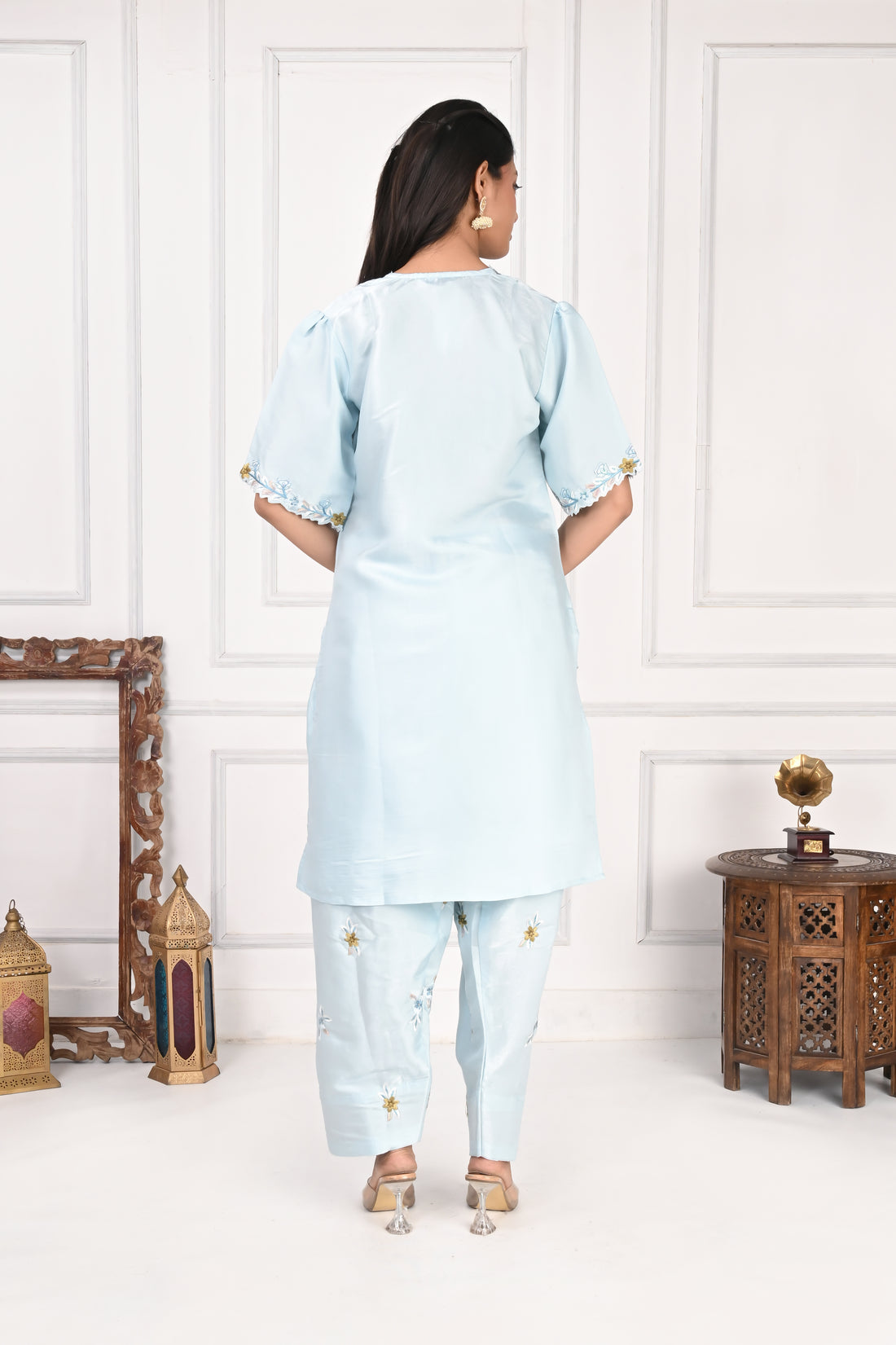 NR-133 Sky Blue Embroidered Kurta Set with Farsi Salwar & Dupatta