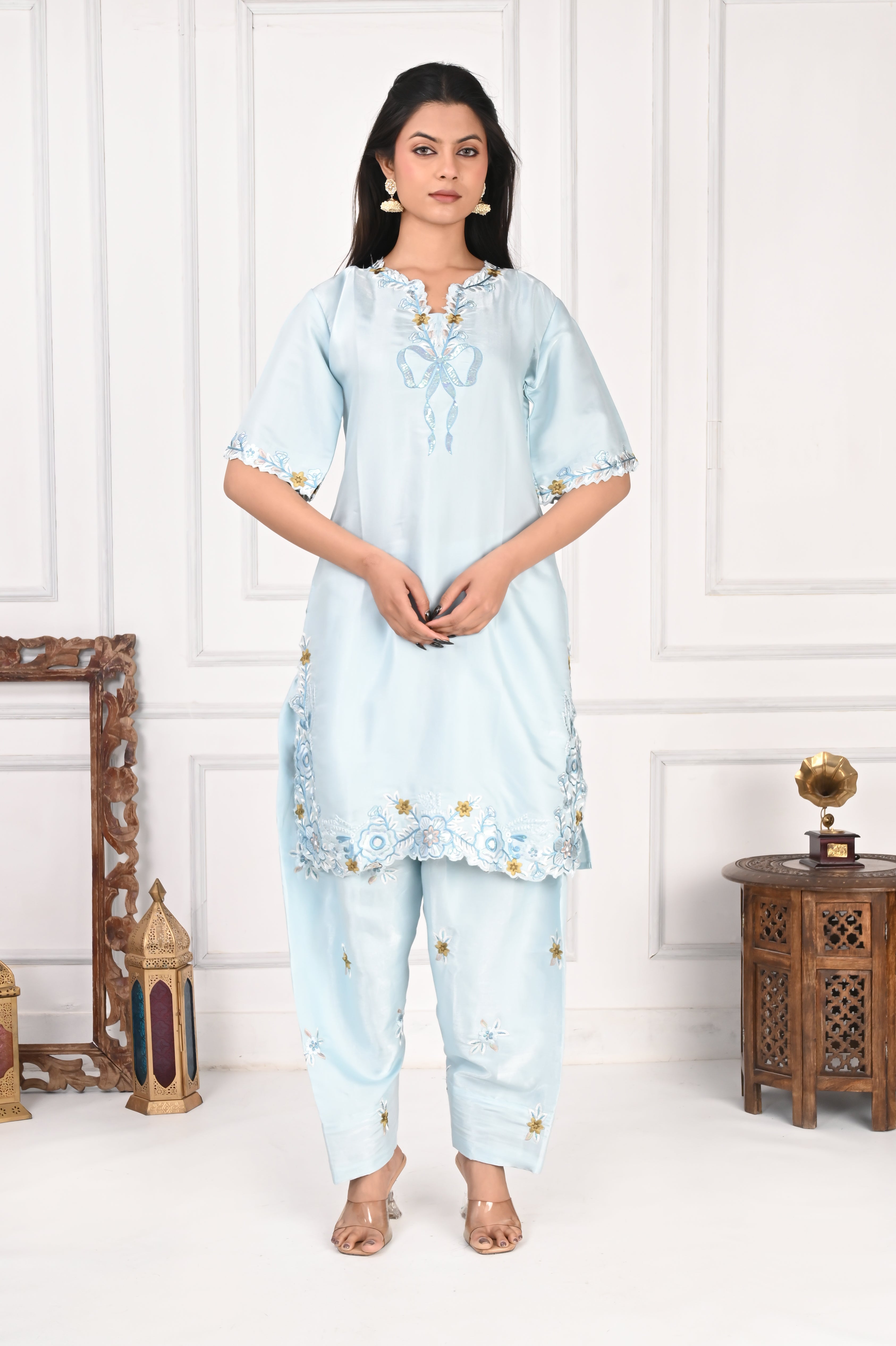 NR-133 Sky Blue Embroidered Kurta Set with Farsi Salwar & Dupatta