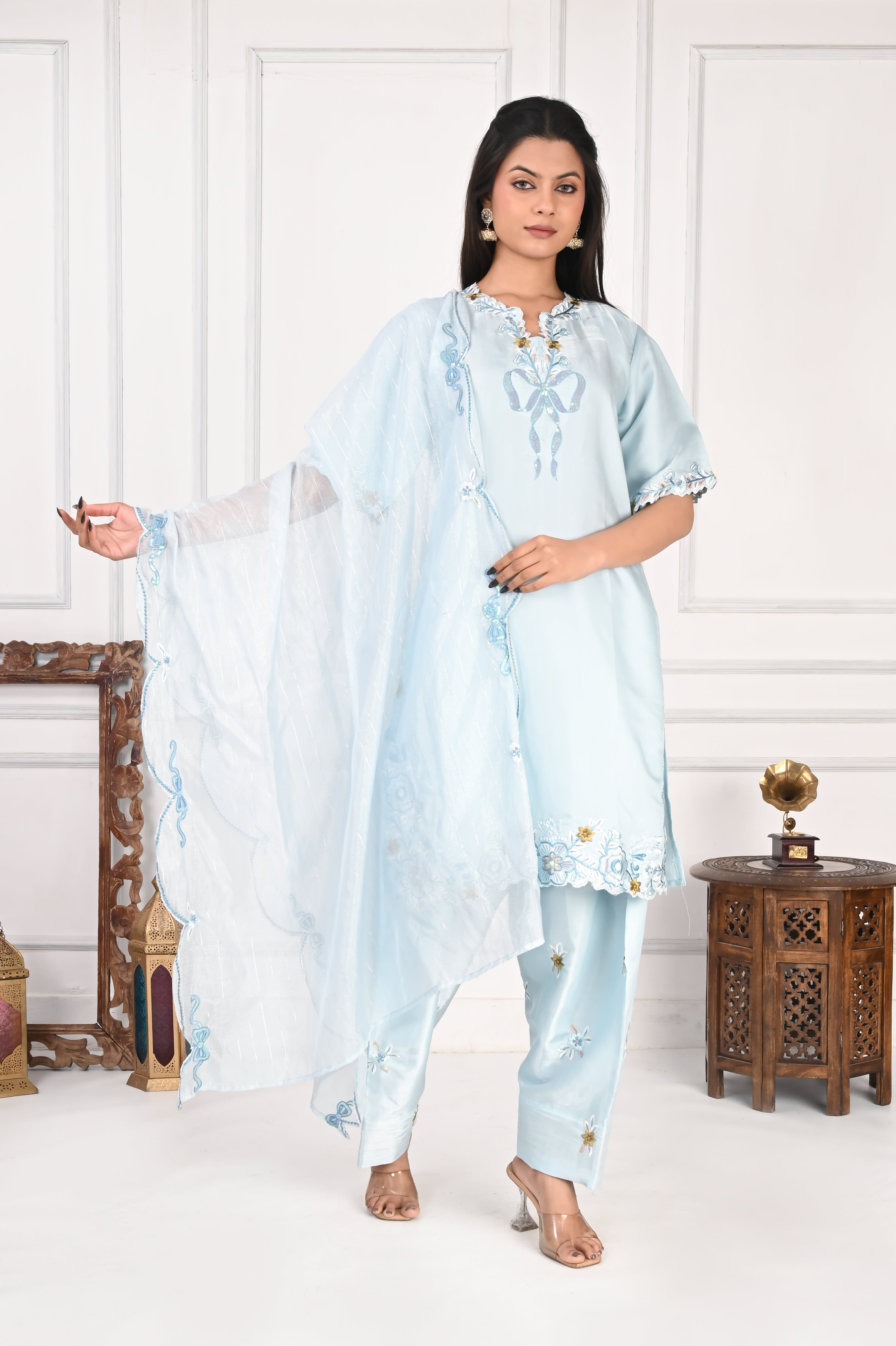 NR-133 Sky Blue Embroidered Kurta Set with Farsi Salwar & Dupatta