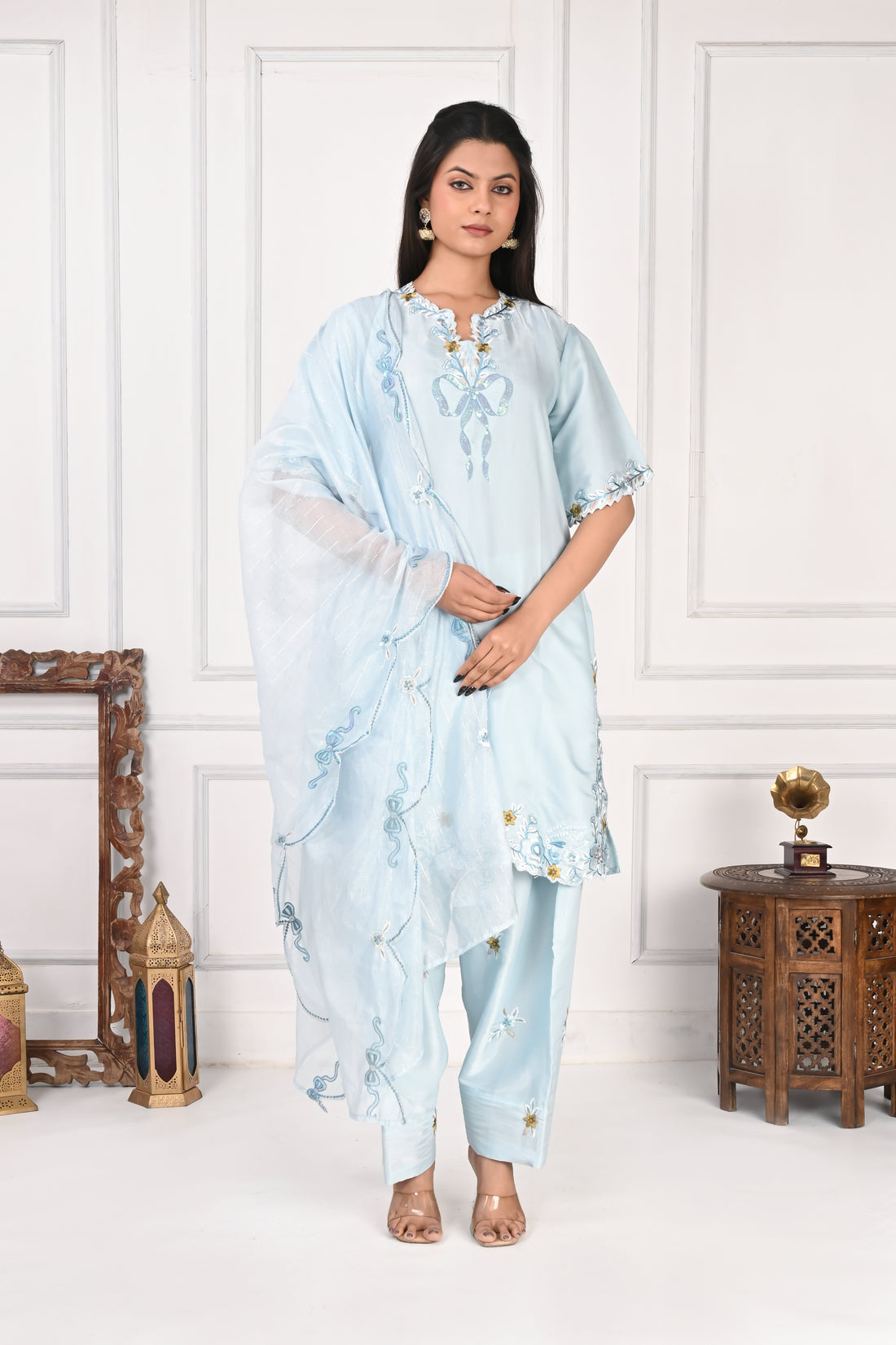 NR-133 Sky Blue Embroidered Kurta Set with Farsi Salwar & Dupatta