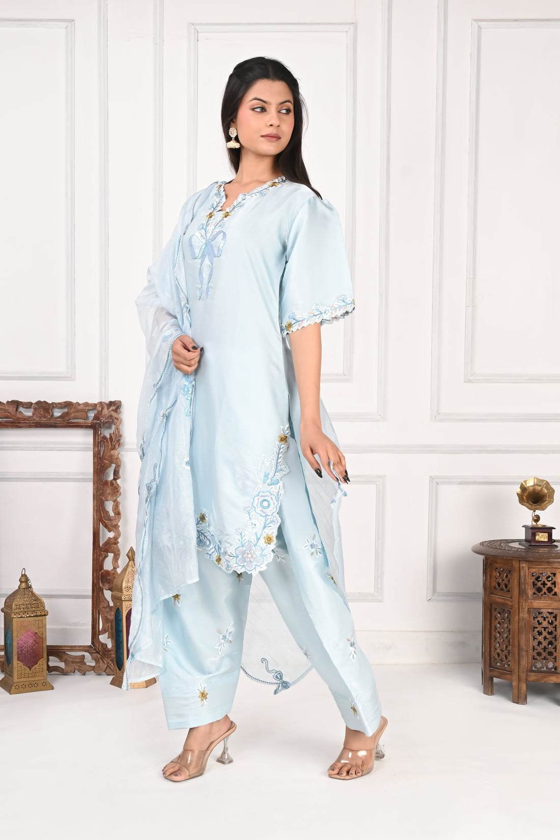 NR-133 Sky Blue Embroidered Kurta Set with Farsi Salwar & Dupatta