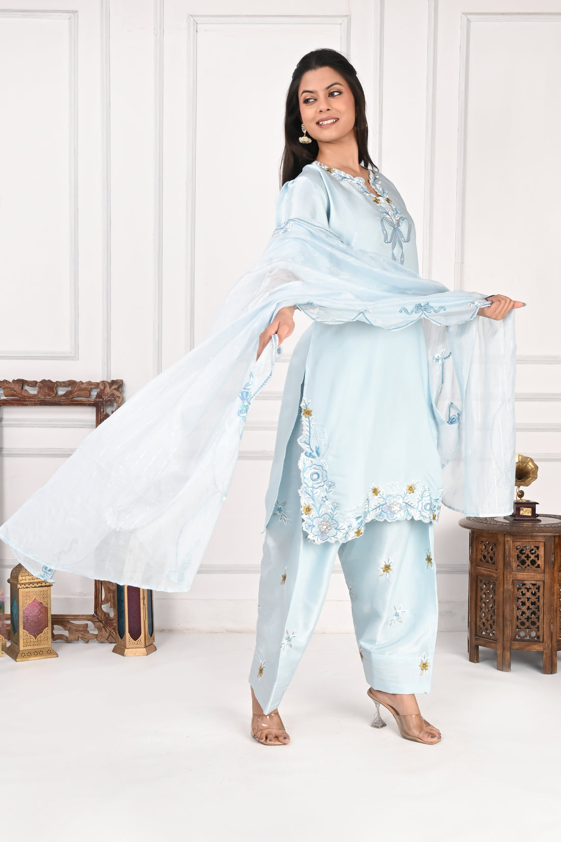 NR-133 Sky Blue Embroidered Kurta Set with Farsi Salwar & Dupatta