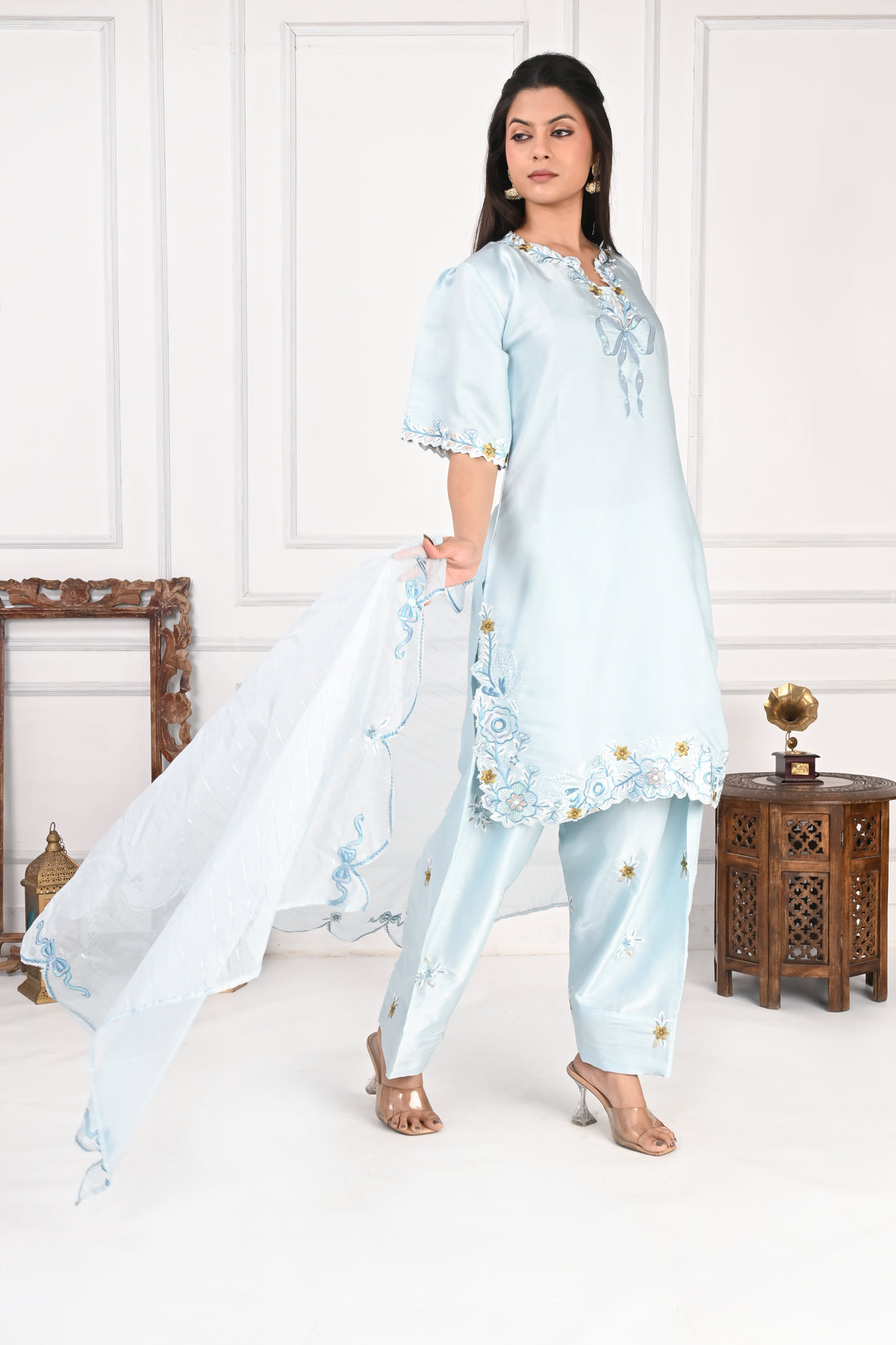 NR-133 Sky Blue Embroidered Kurta Set with Farsi Salwar & Dupatta