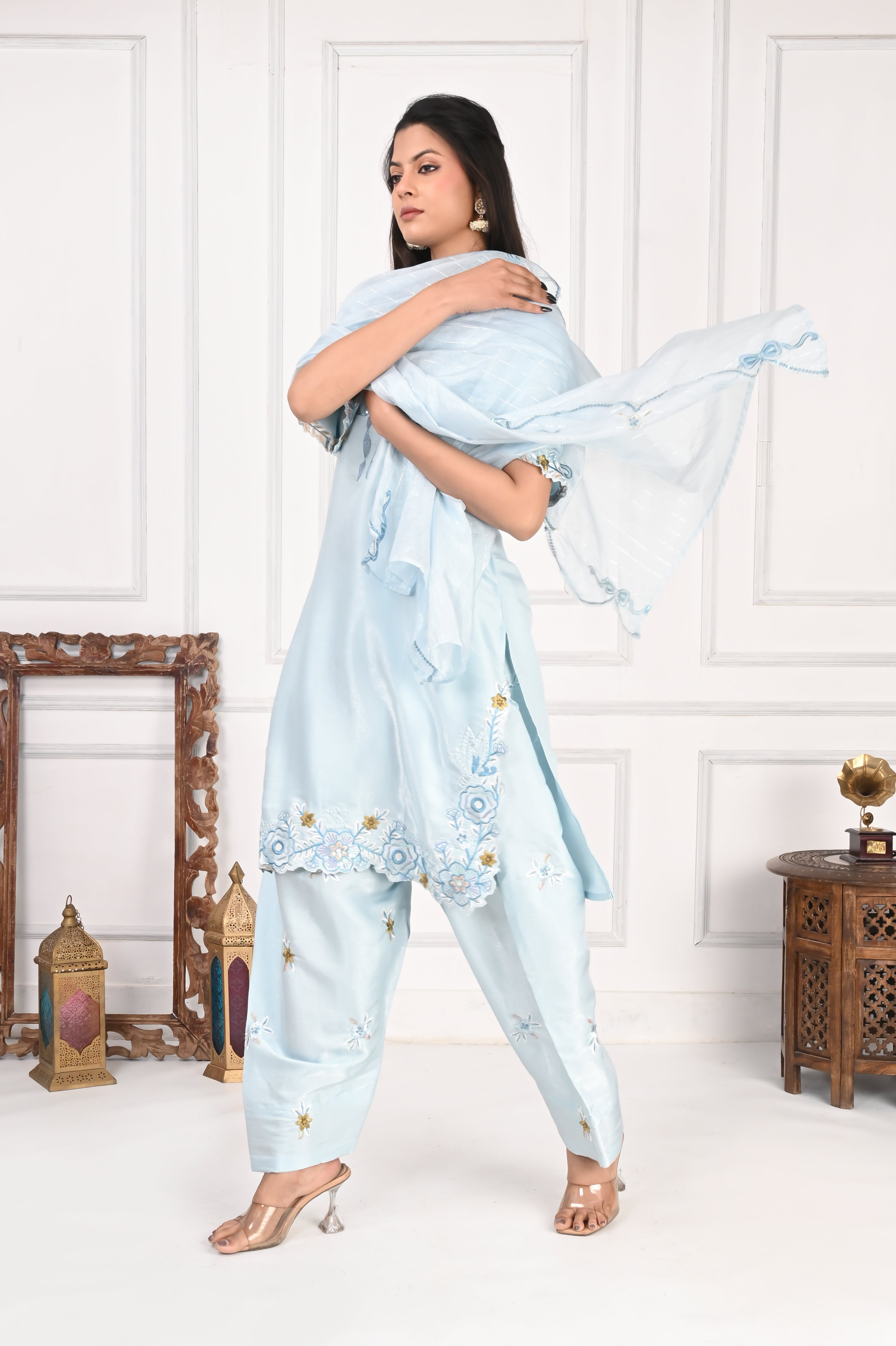 NR-133 Sky Blue Embroidered Kurta Set with Farsi Salwar & Dupatta
