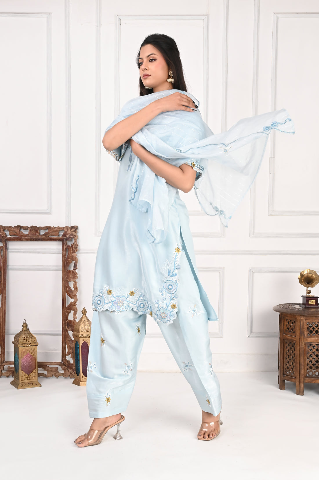 NR-133 Sky Blue Embroidered Kurta Set with Farsi Salwar & Dupatta