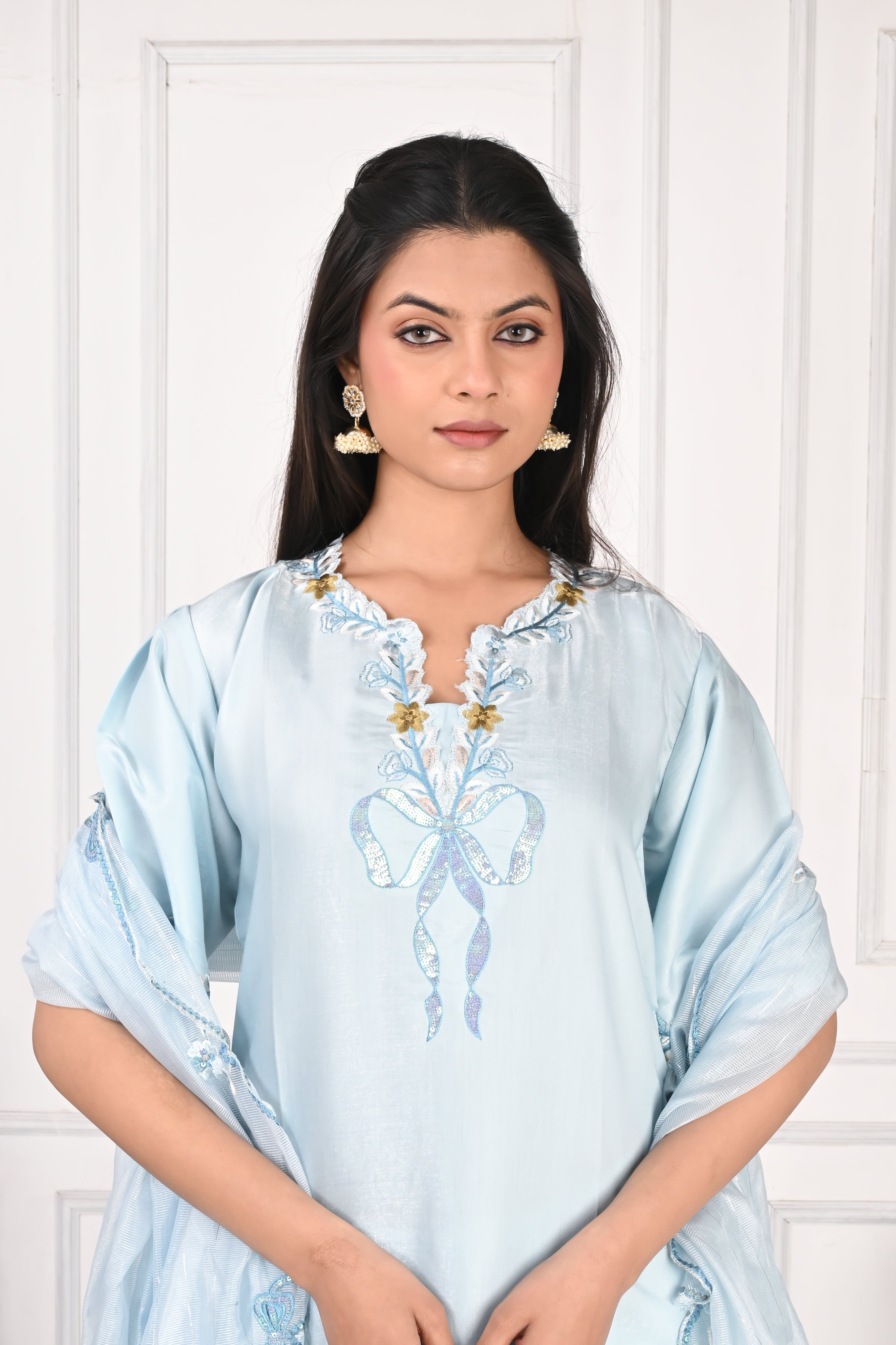 NR-133 Sky Blue Embroidered Kurta Set with Farsi Salwar & Dupatta