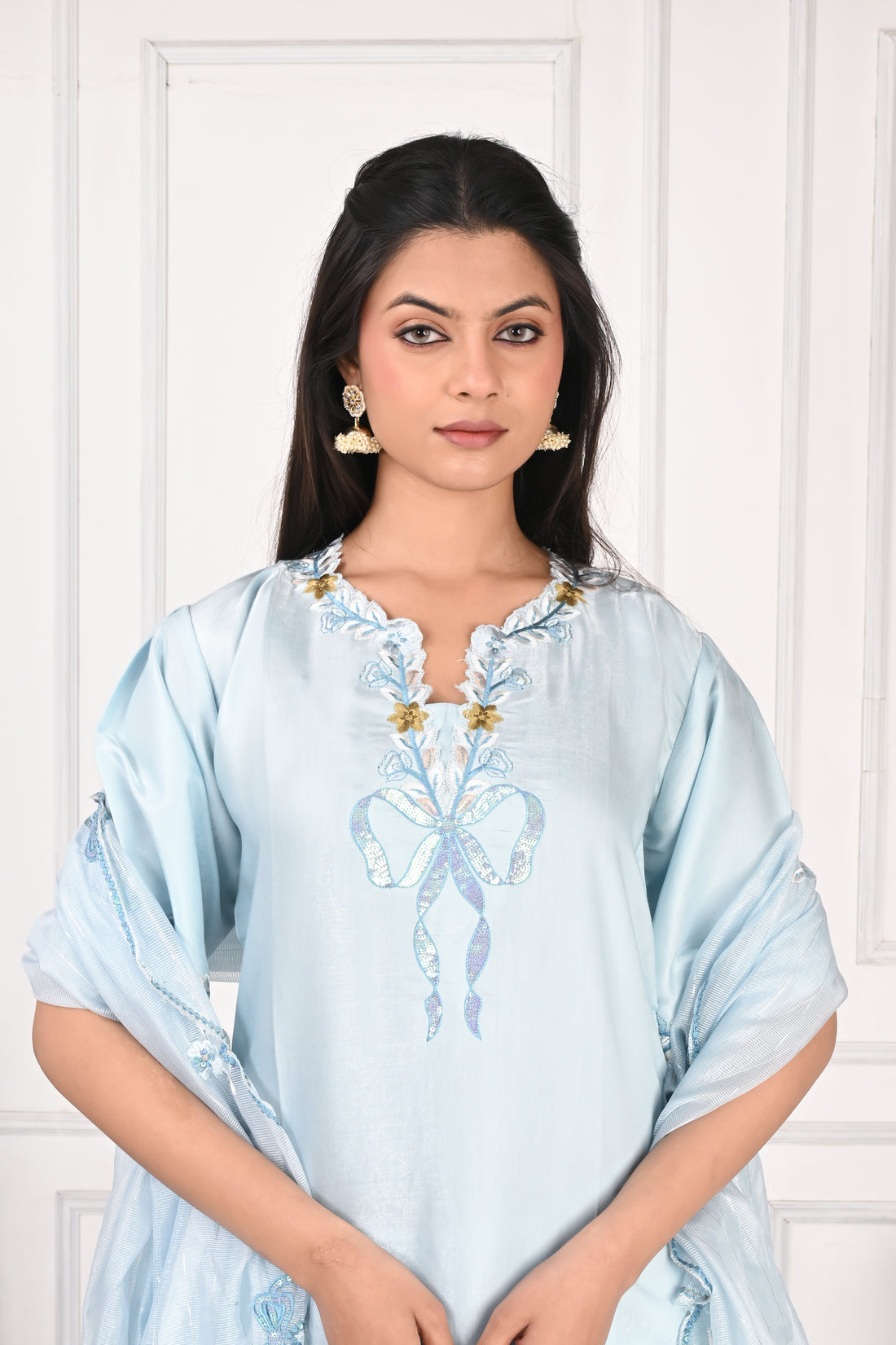 NR-133 Sky Blue Embroidered Kurta Set with Farsi Salwar & Dupatta