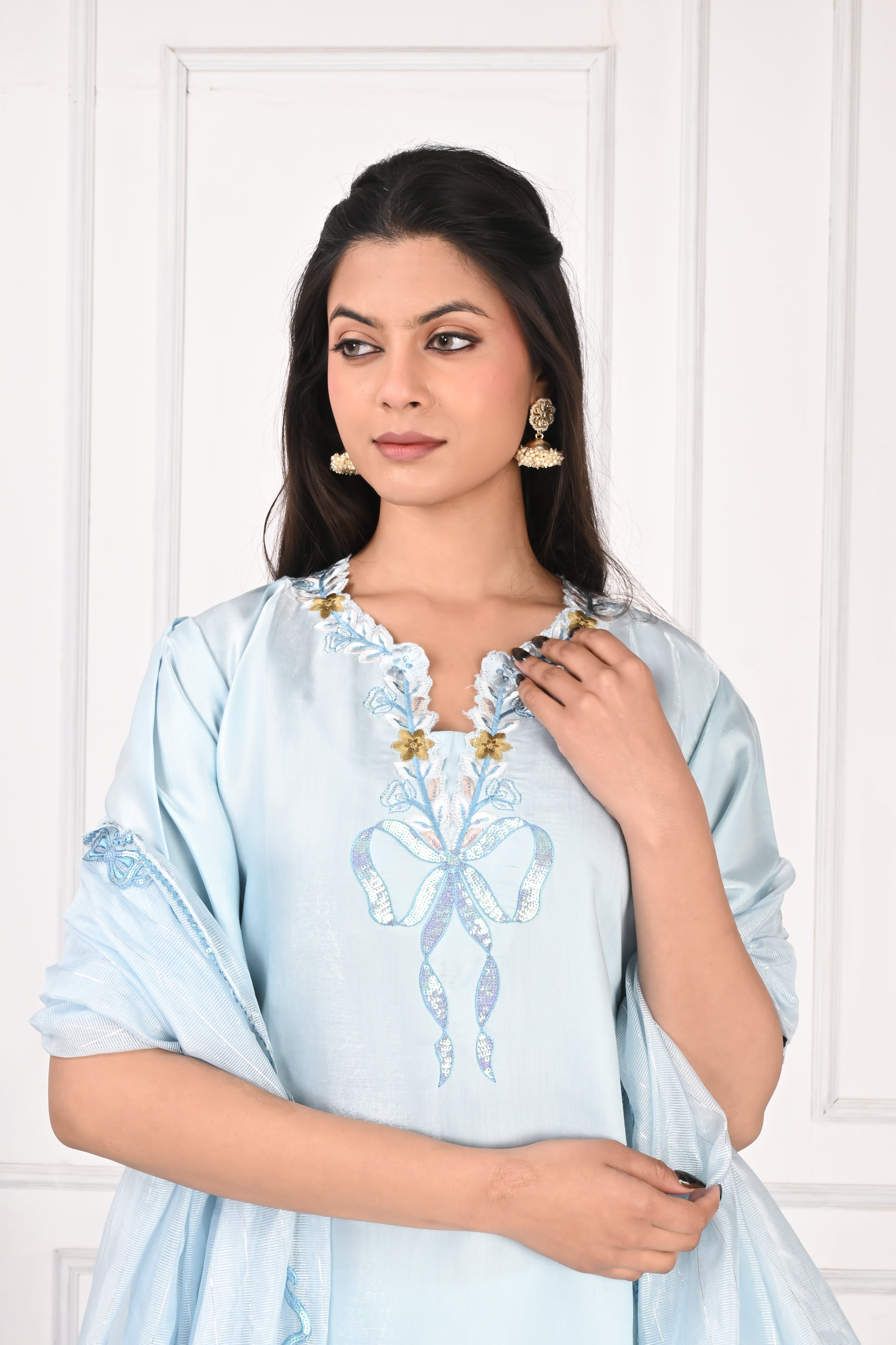 NR-133 Sky Blue Embroidered Kurta Set with Farsi Salwar & Dupatta