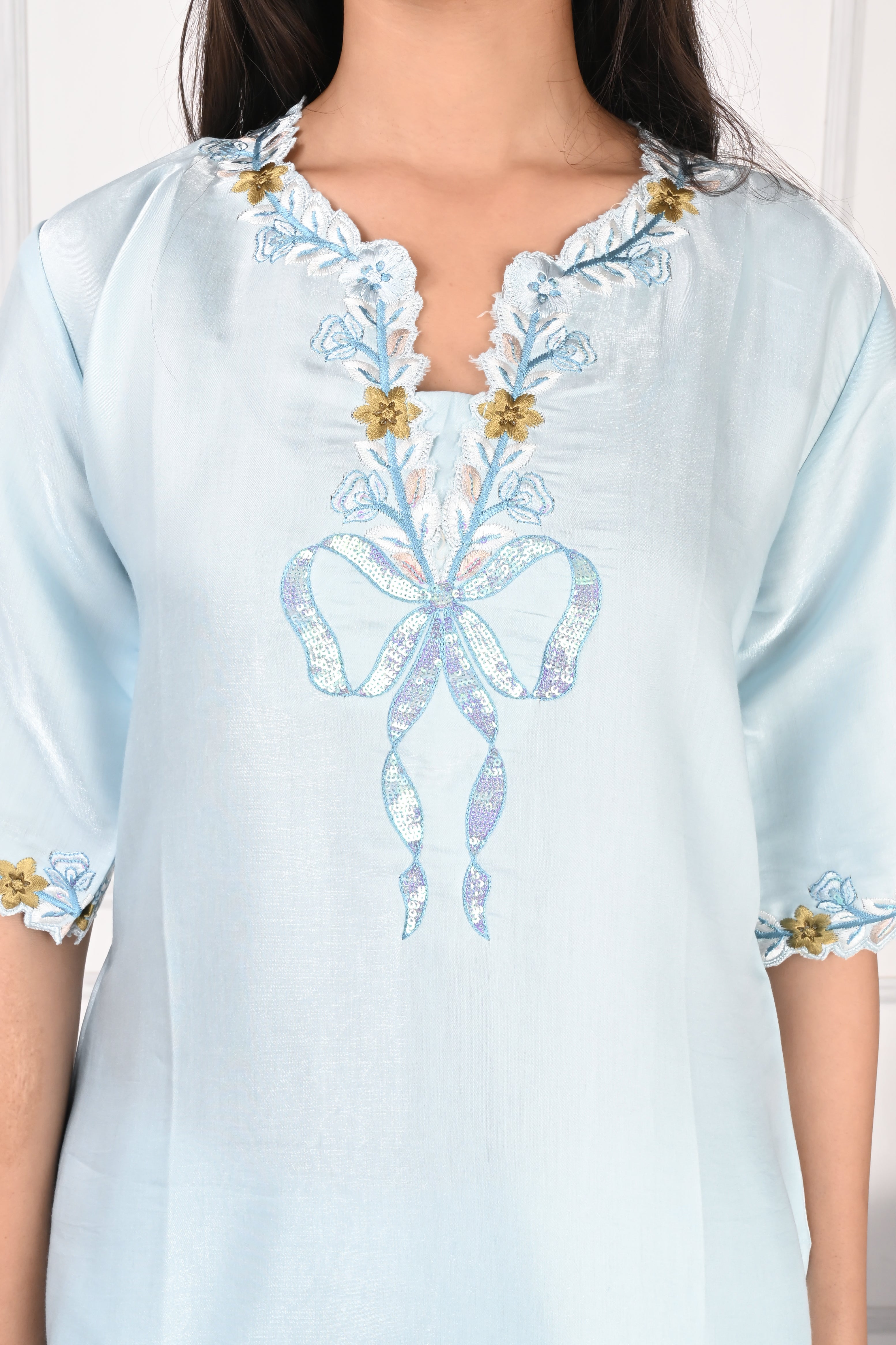 NR-133 Sky Blue Embroidered Kurta Set with Farsi Salwar & Dupatta