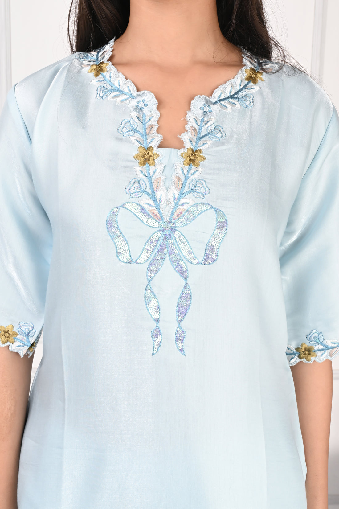 NR-133 Sky Blue Embroidered Kurta Set with Farsi Salwar & Dupatta