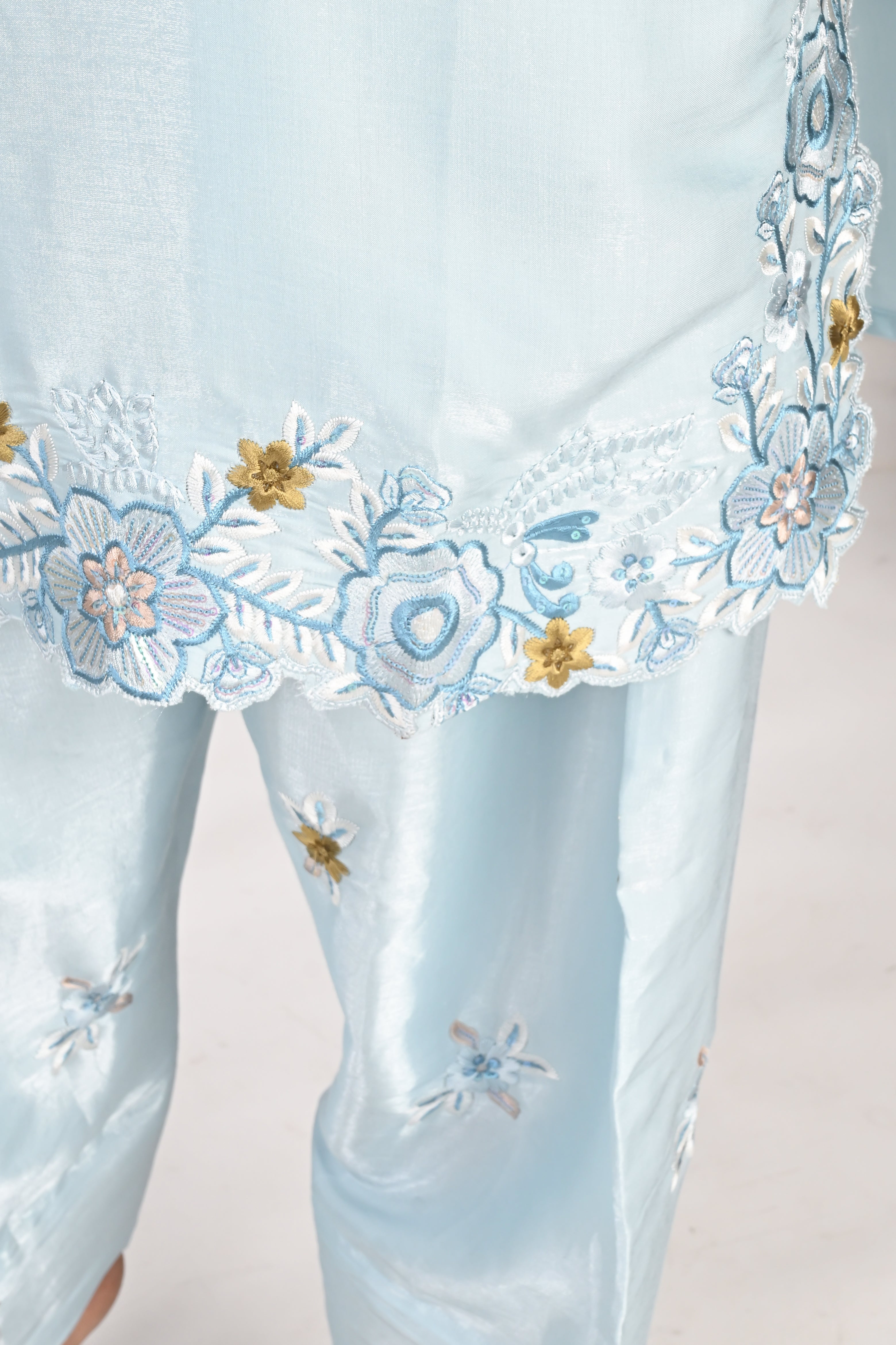 NR-133 Sky Blue Embroidered Kurta Set with Farsi Salwar & Dupatta