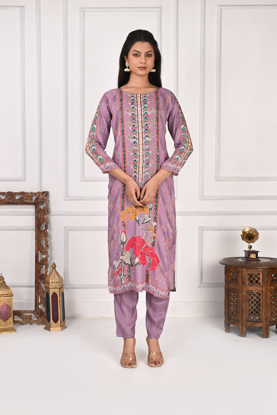 NR-134 Lavender Pure Maslin Floral Printed Kurta Set with Dupatta