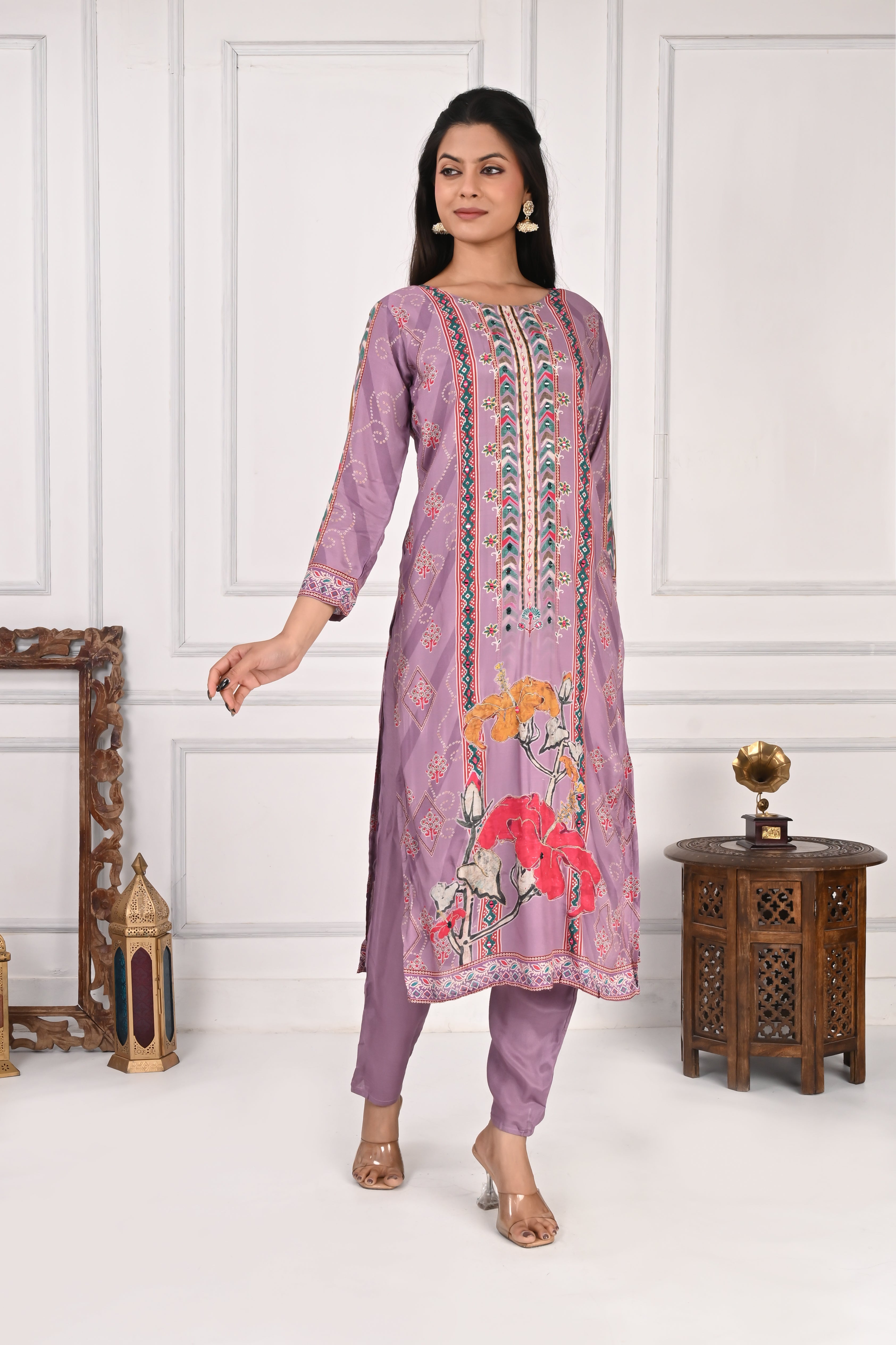 NR-134 Lavender Pure Maslin Floral Printed Kurta Set with Dupatta