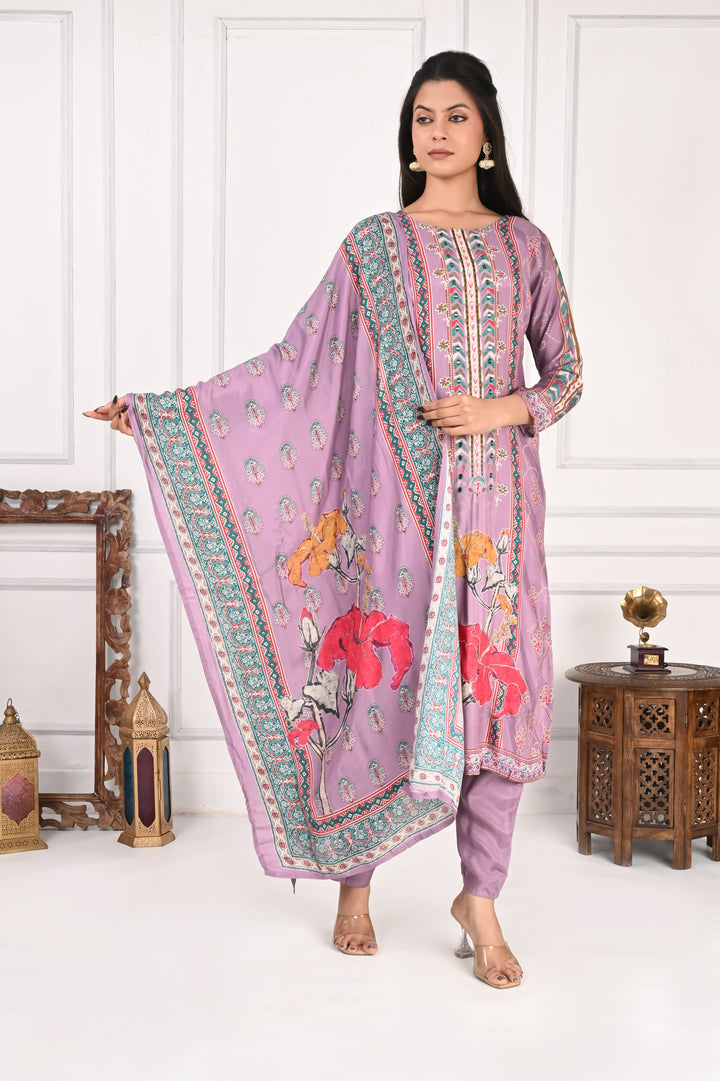 NR-134 Lavender Pure Maslin Floral Printed Kurta Set with Dupatta