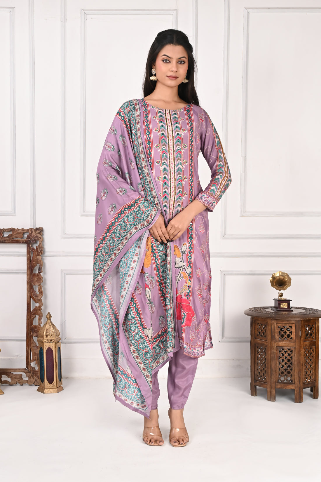 NR-134 Lavender Pure Maslin Floral Printed Kurta Set with Dupatta