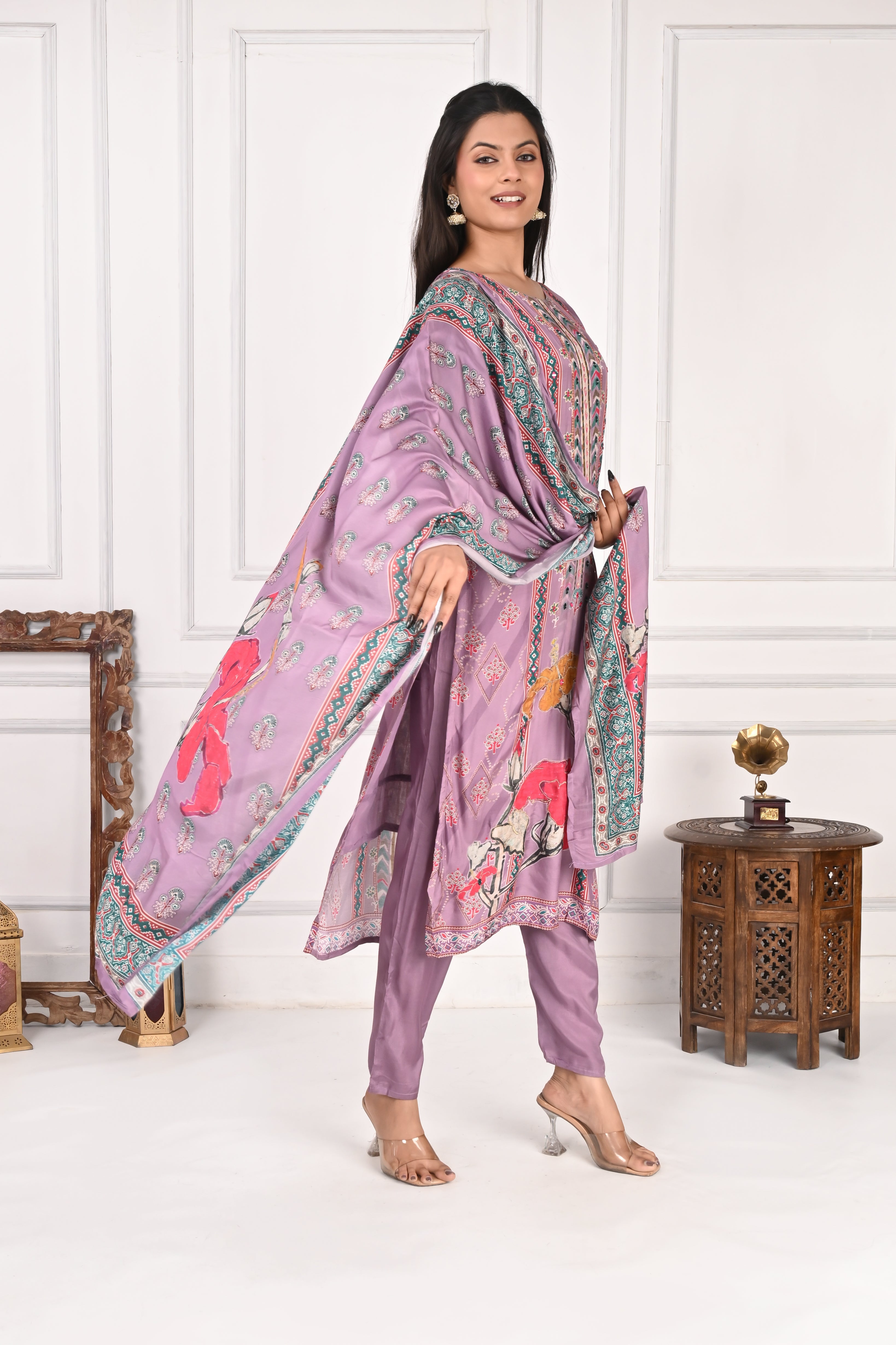 NR-134 Lavender Pure Maslin Floral Printed Kurta Set with Dupatta