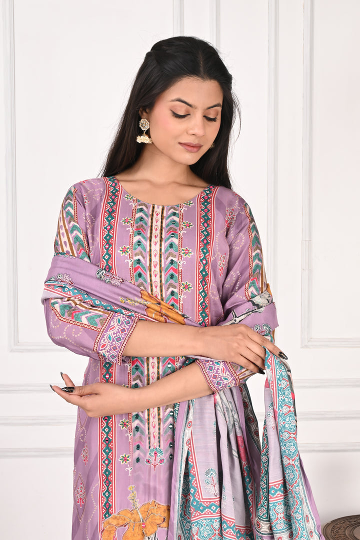 NR-134 Lavender Pure Maslin Floral Printed Kurta Set with Dupatta