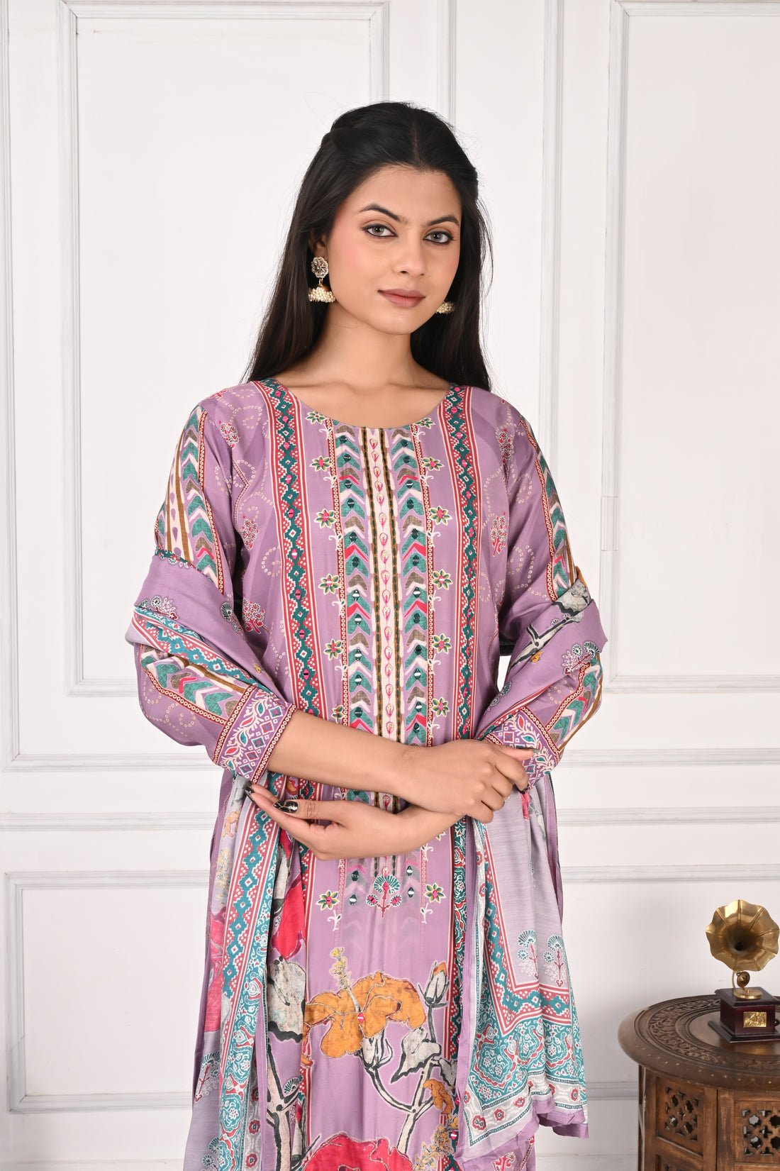 NR-134 Lavender Pure Maslin Floral Printed Kurta Set with Dupatta
