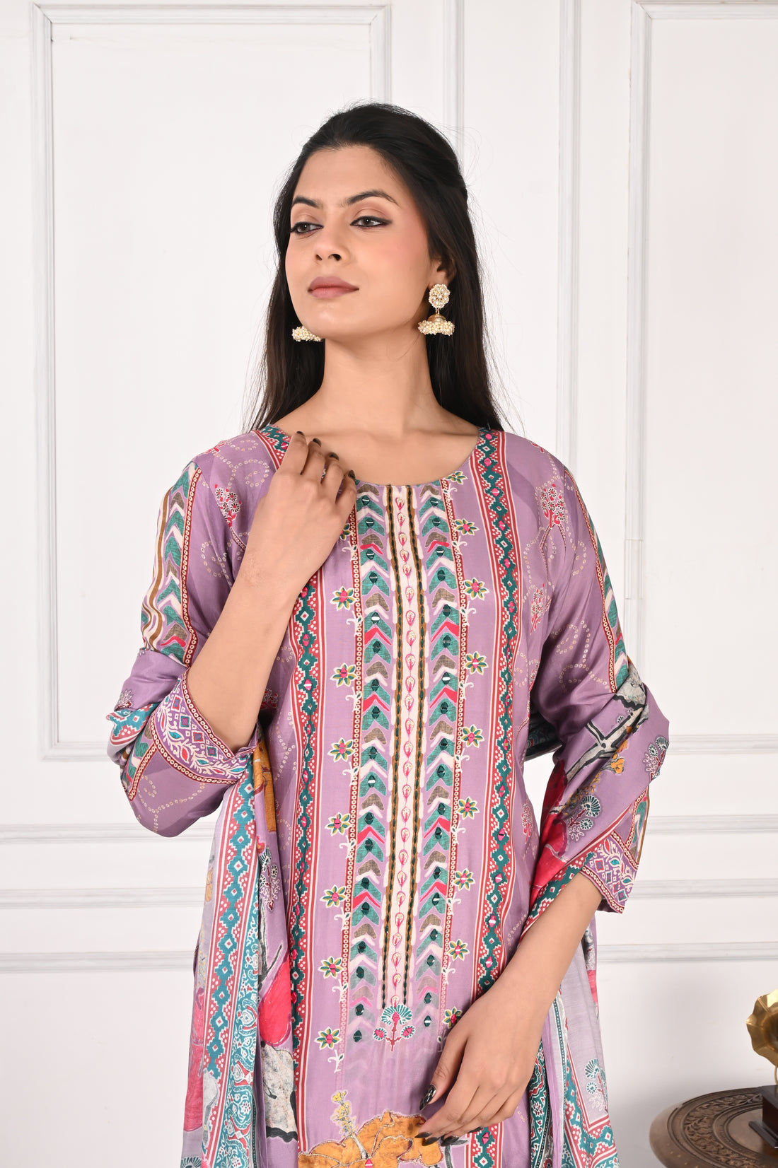 NR-134 Lavender Pure Maslin Floral Printed Kurta Set with Dupatta