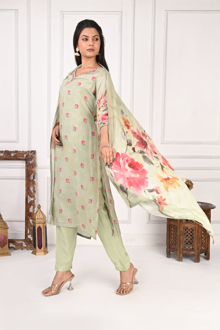 NR-135 Pastel Green Pure Maslin Floral Printed Kurta Set