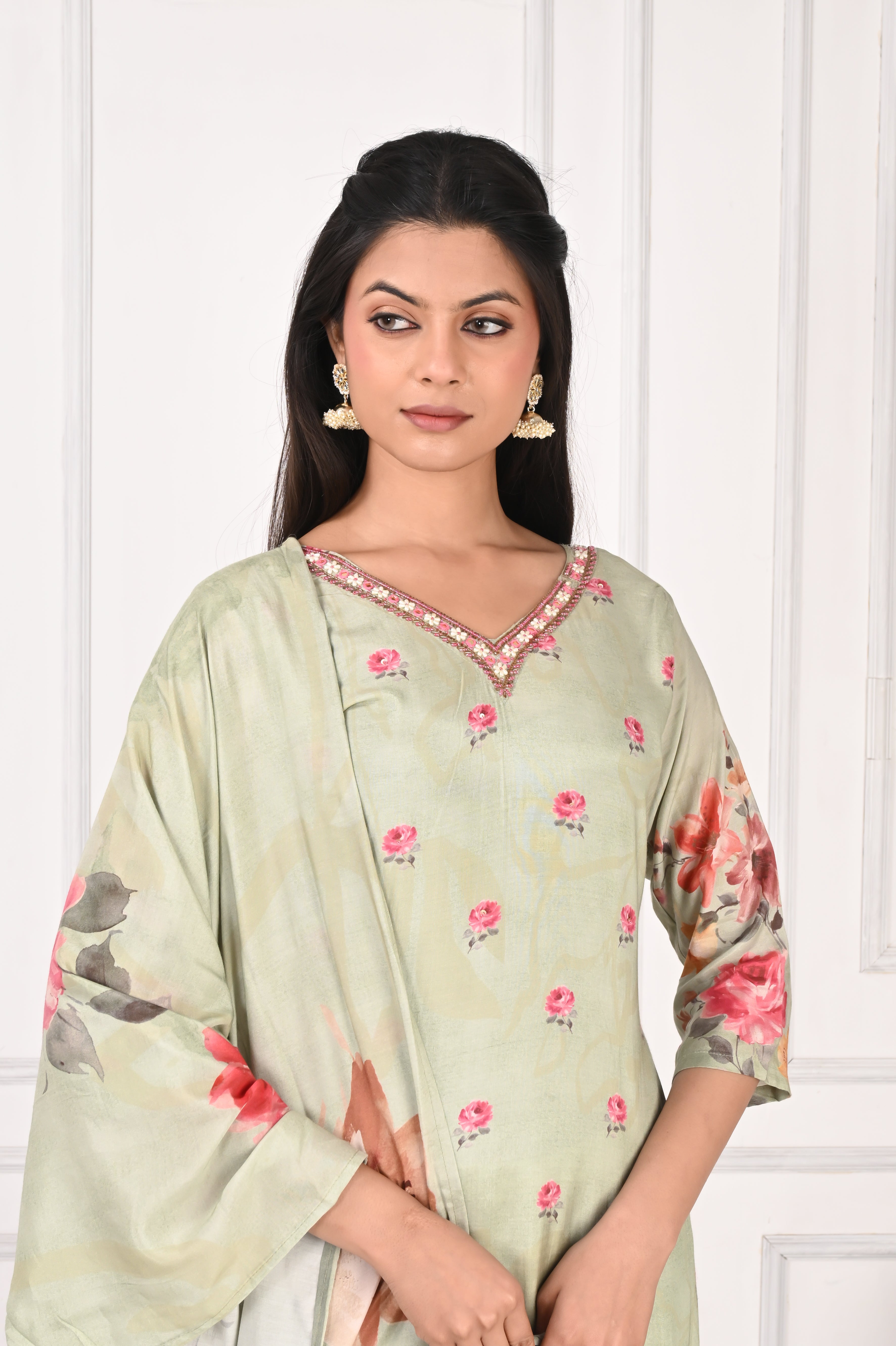 NR-135 Pastel Green Pure Maslin Floral Printed Kurta Set