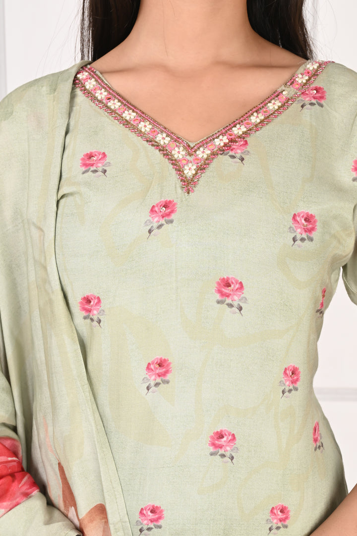 NR-135 Pastel Green Pure Maslin Floral Printed Kurta Set