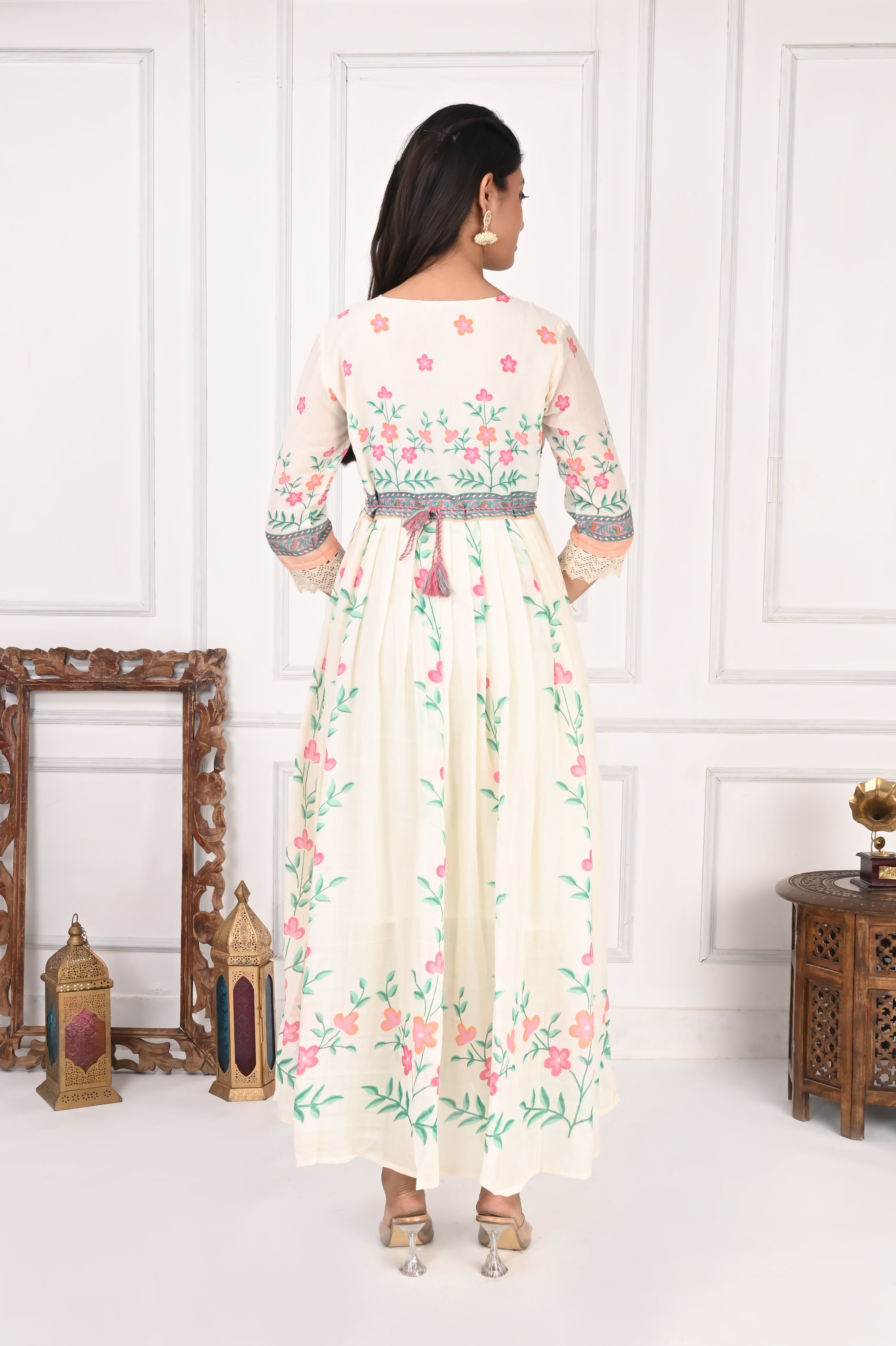 NR-136 Off White Floral Printed Anarkali Kurta with Dupatta