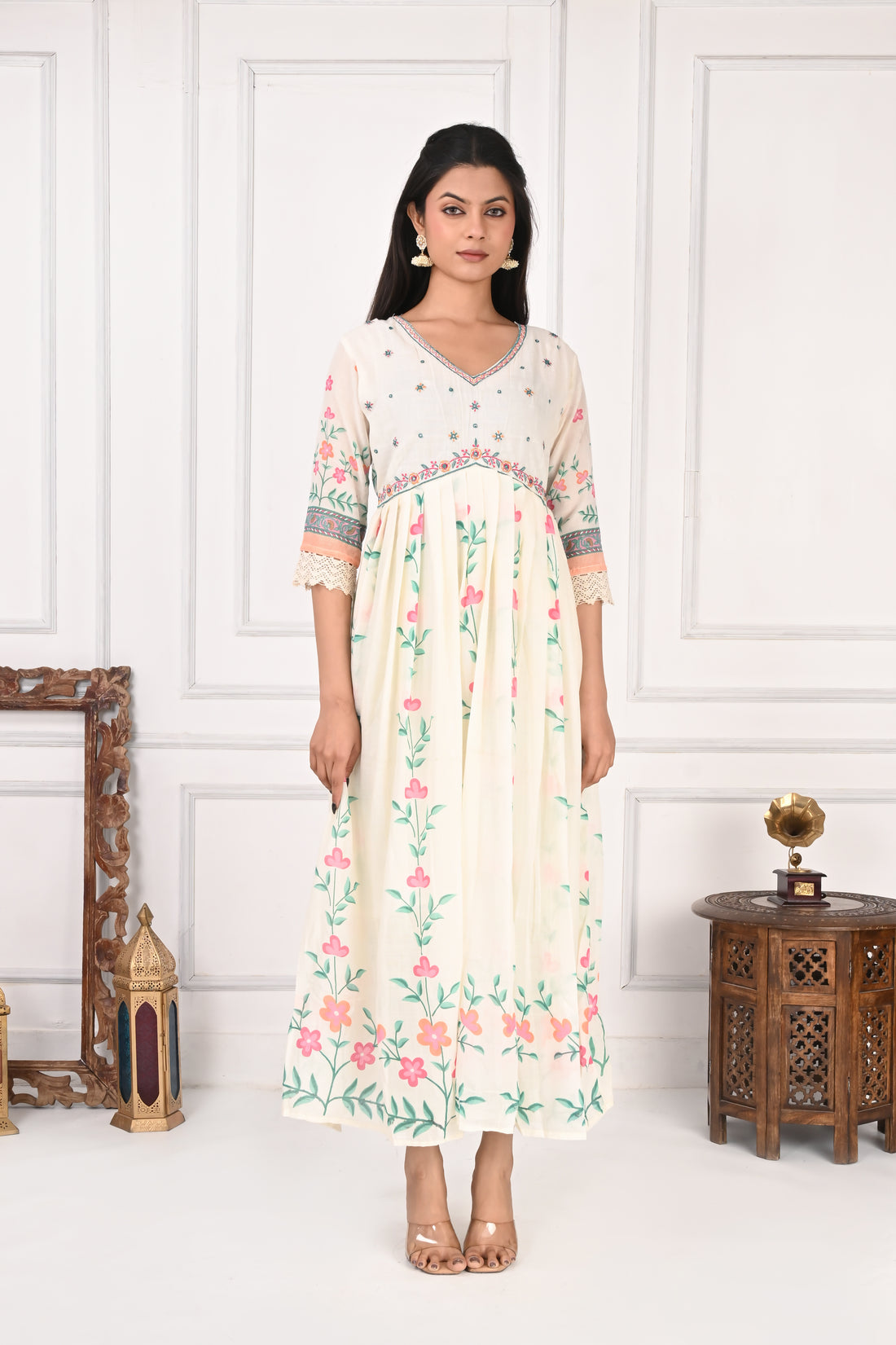 NR-136 Off White Floral Printed Anarkali Kurta with Dupatta