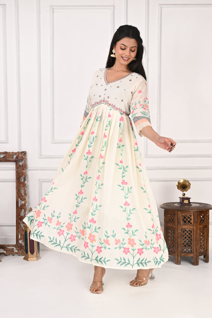 NR-136 Off White Floral Printed Anarkali Kurta with Dupatta