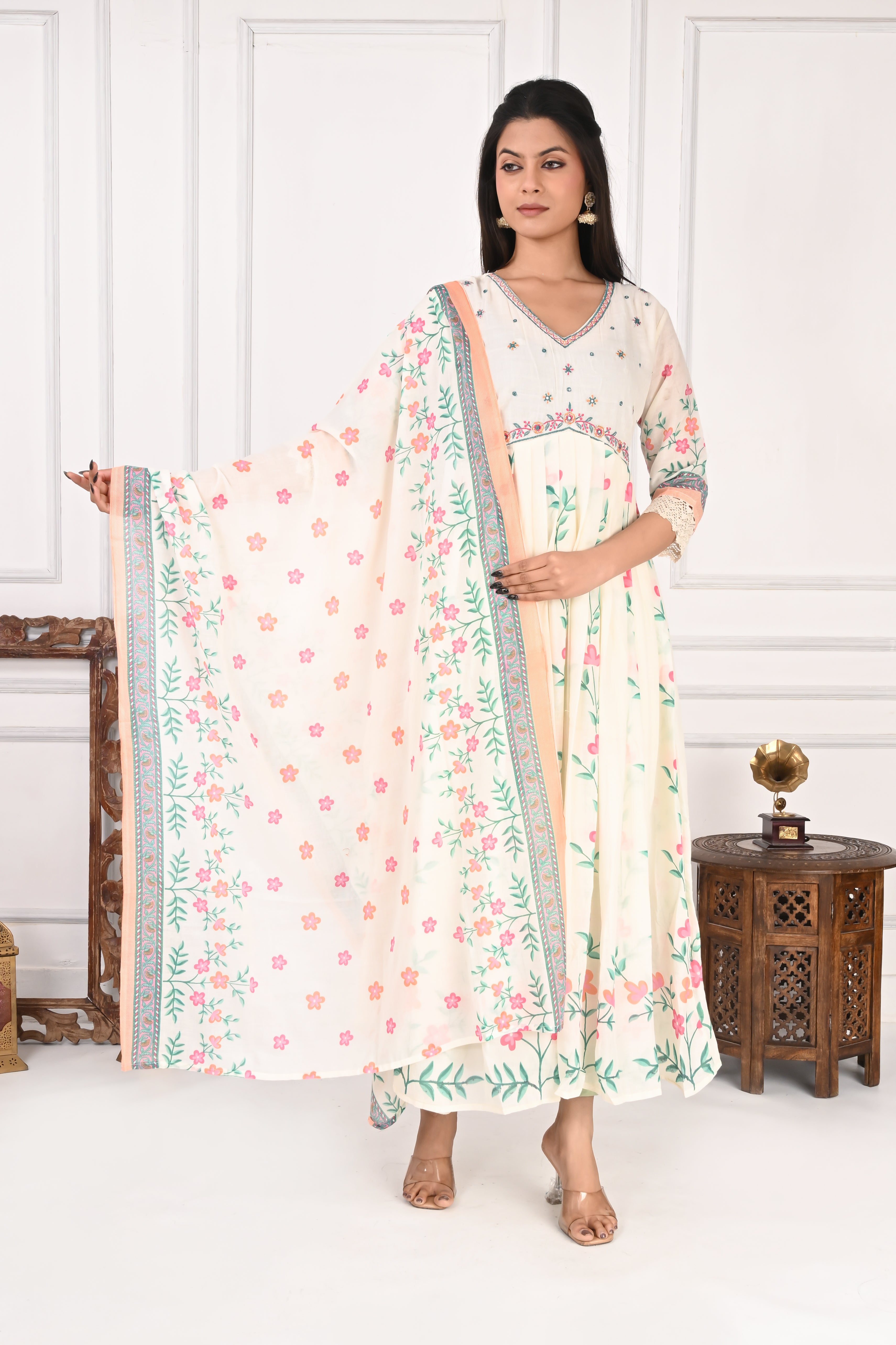 NR-136 Off White Floral Printed Anarkali Kurta with Dupatta