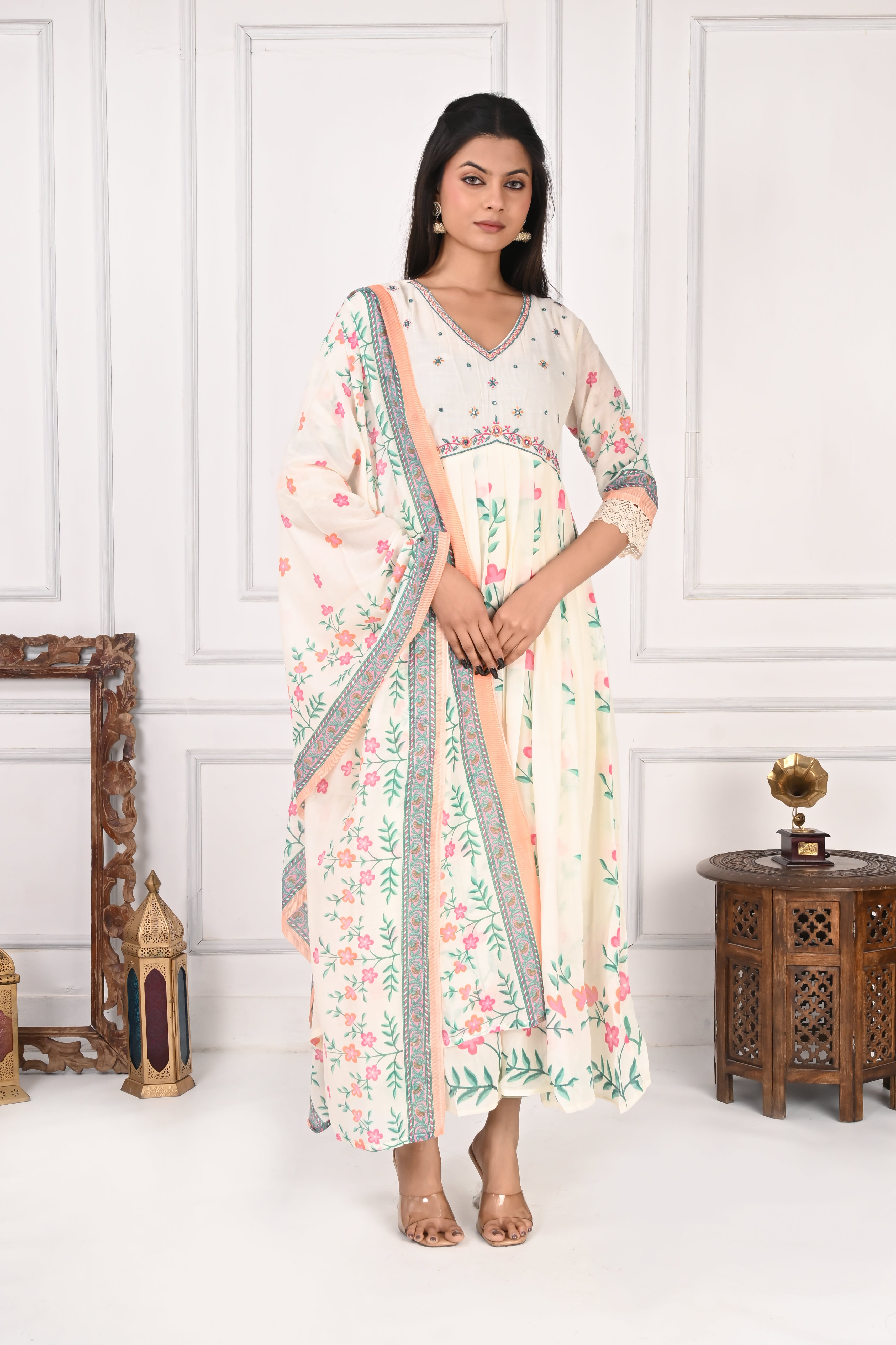 NR-136 Off White Floral Printed Anarkali Kurta with Dupatta