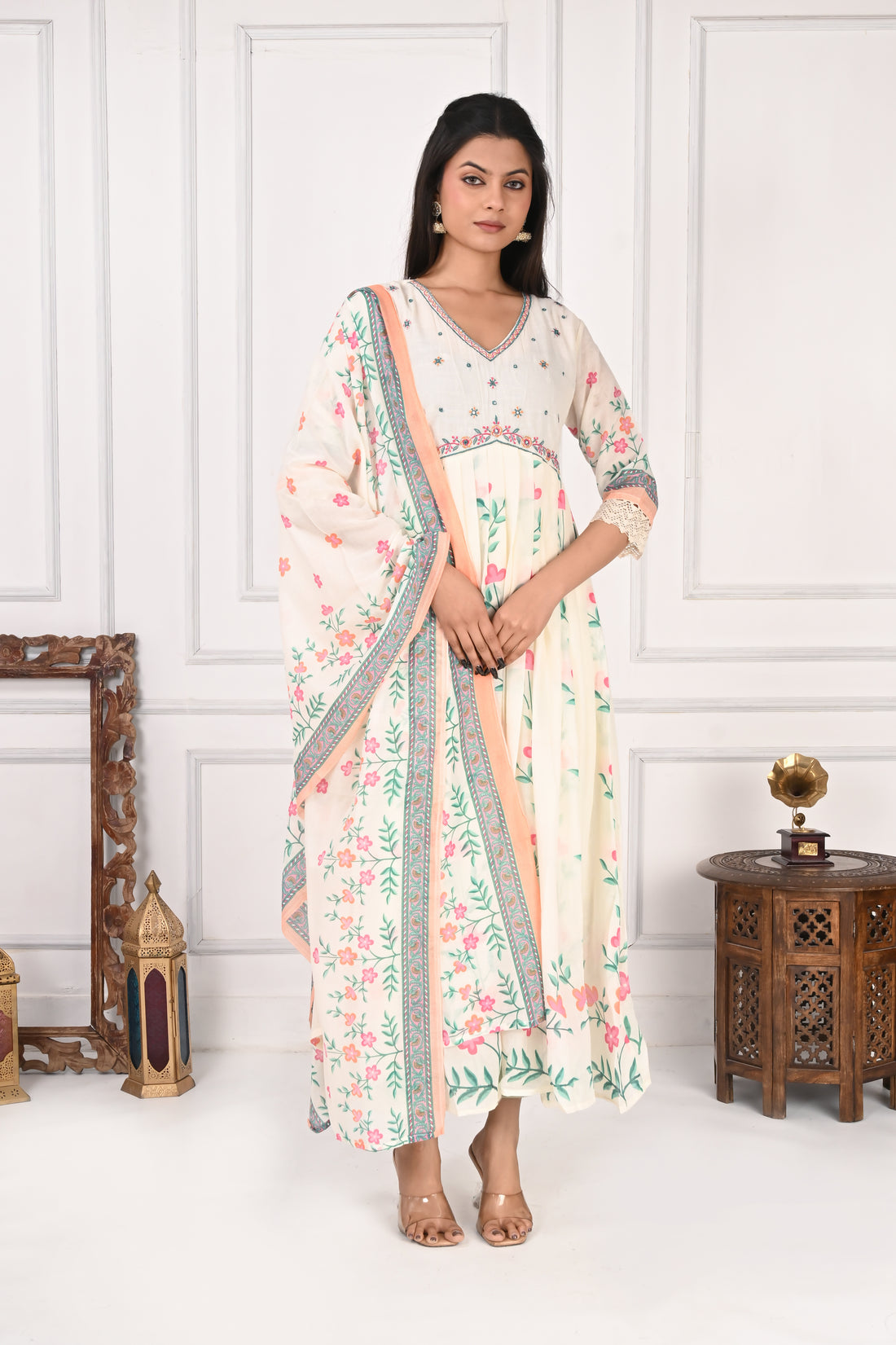 NR-136 Off White Floral Printed Anarkali Kurta with Dupatta