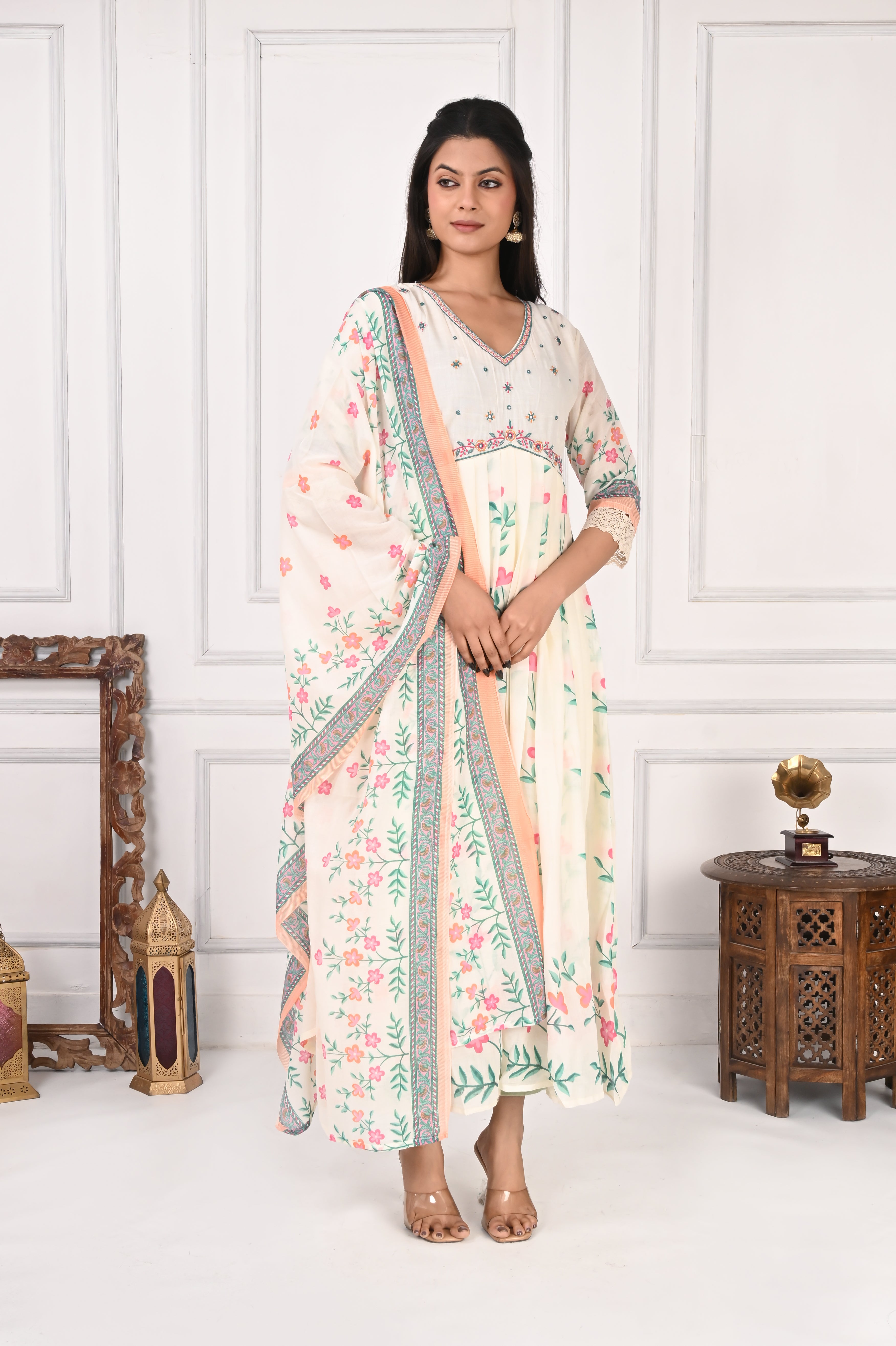 NR-136 Off White Floral Printed Anarkali Kurta with Dupatta