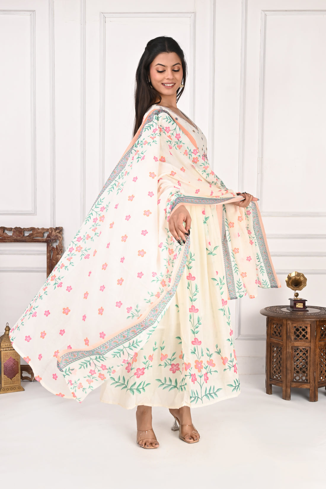 NR-136 Off White Floral Printed Anarkali Kurta with Dupatta