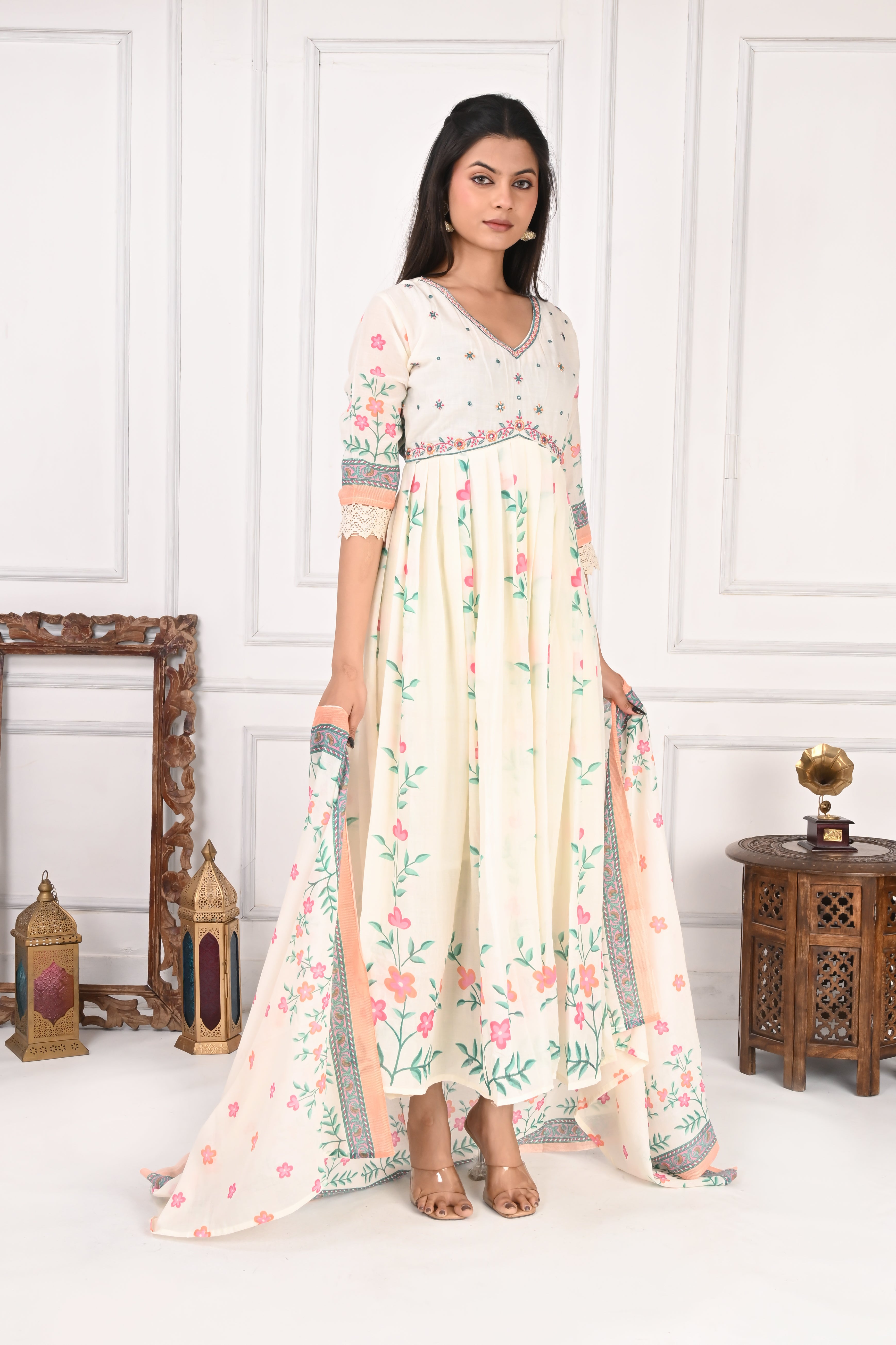 NR-136 Off White Floral Printed Anarkali Kurta with Dupatta