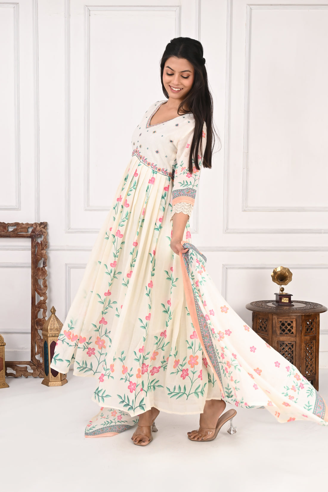 NR-136 Off White Floral Printed Anarkali Kurta with Dupatta