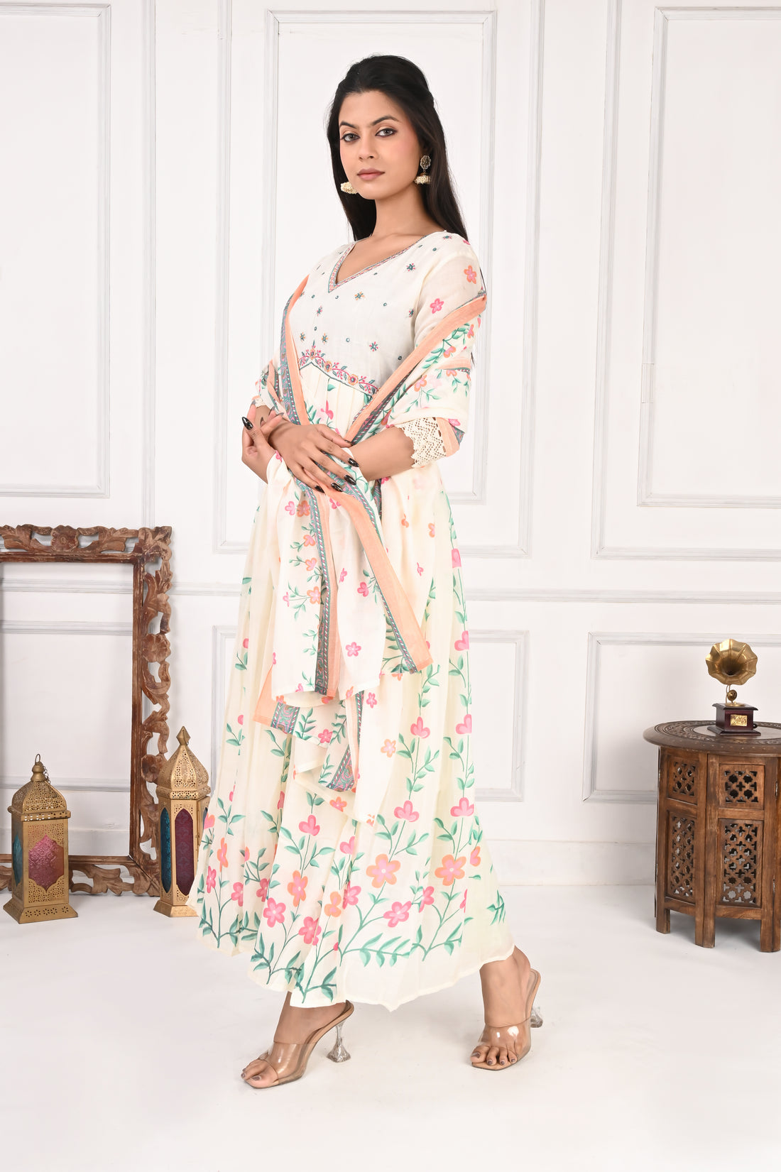 NR-136 Off White Floral Printed Anarkali Kurta with Dupatta