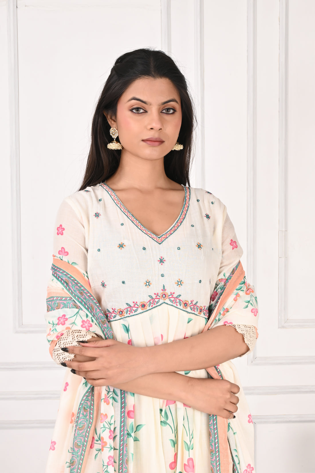 NR-136 Off White Floral Printed Anarkali Kurta with Dupatta