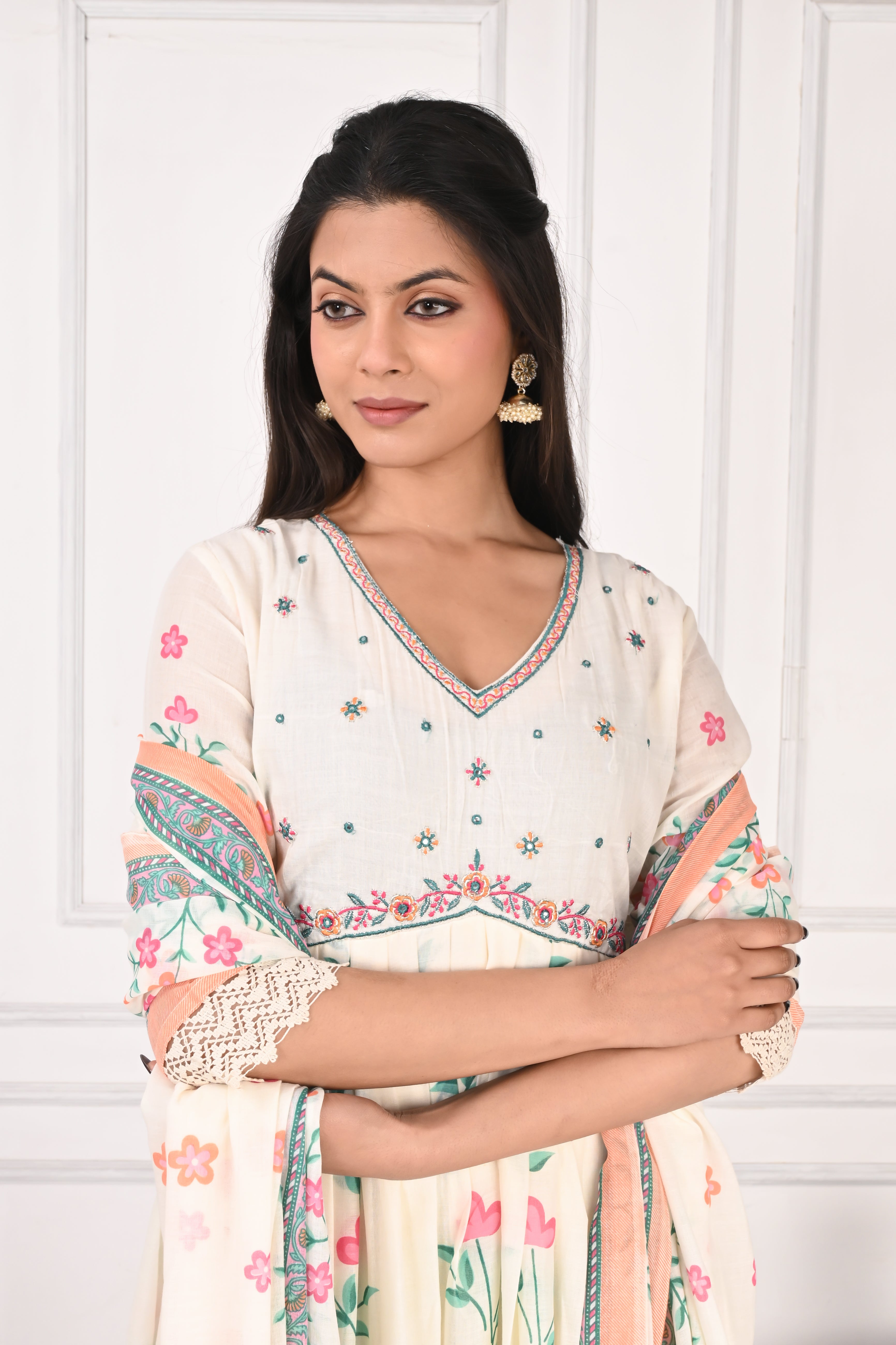 NR-136 Off White Floral Printed Anarkali Kurta with Dupatta