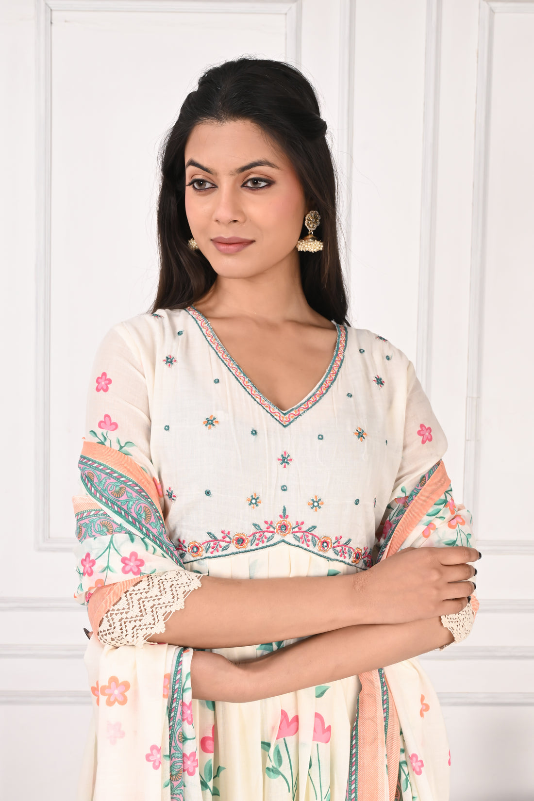 NR-136 Off White Floral Printed Anarkali Kurta with Dupatta