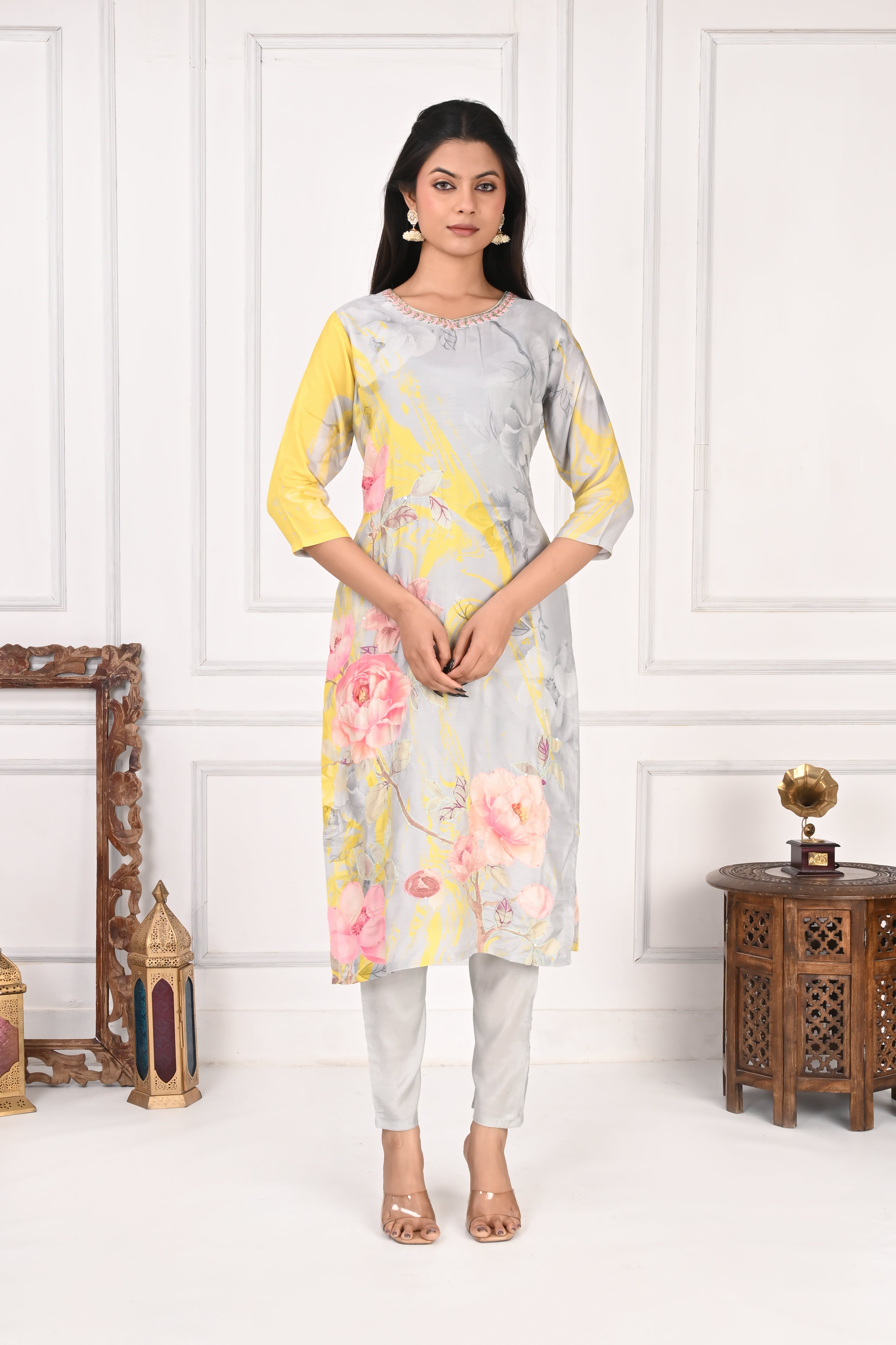 NR-137 Pastel Grey & Yellow Pure Maslin Floral Printed Kurta Set