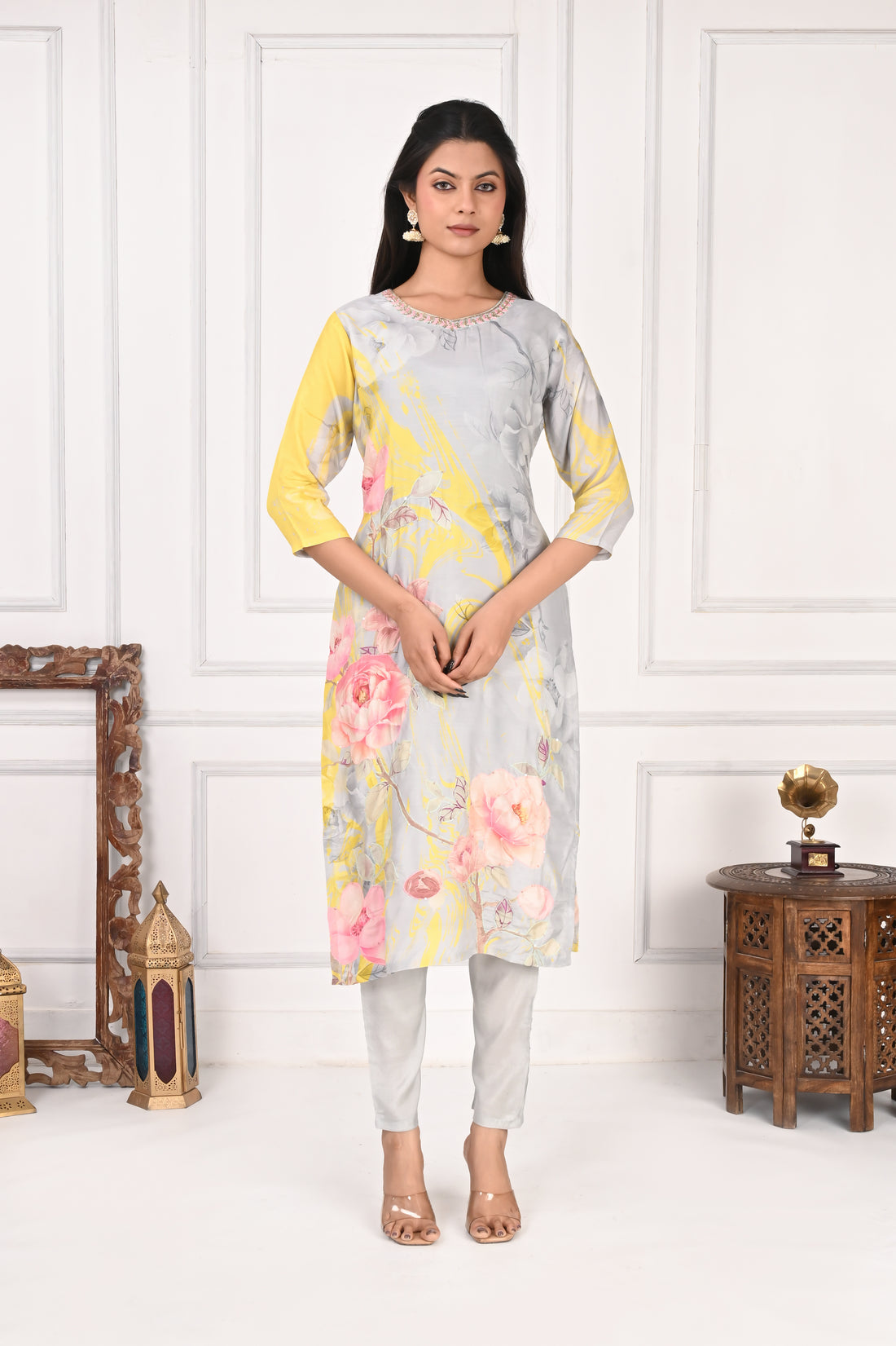 NR-137 Pastel Grey & Yellow Pure Maslin Floral Printed Kurta Set