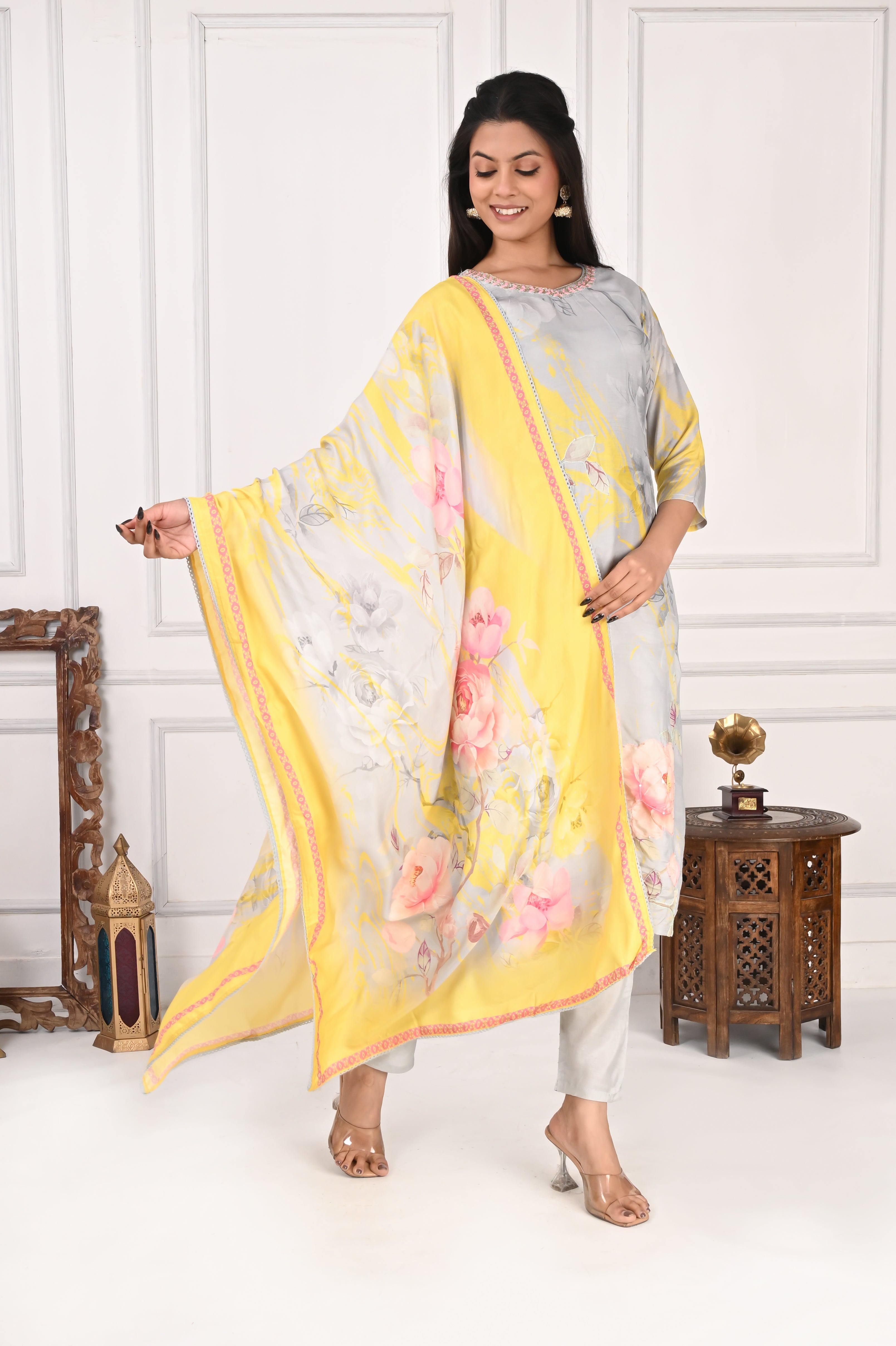 NR-137 Pastel Grey & Yellow Pure Maslin Floral Printed Kurta Set