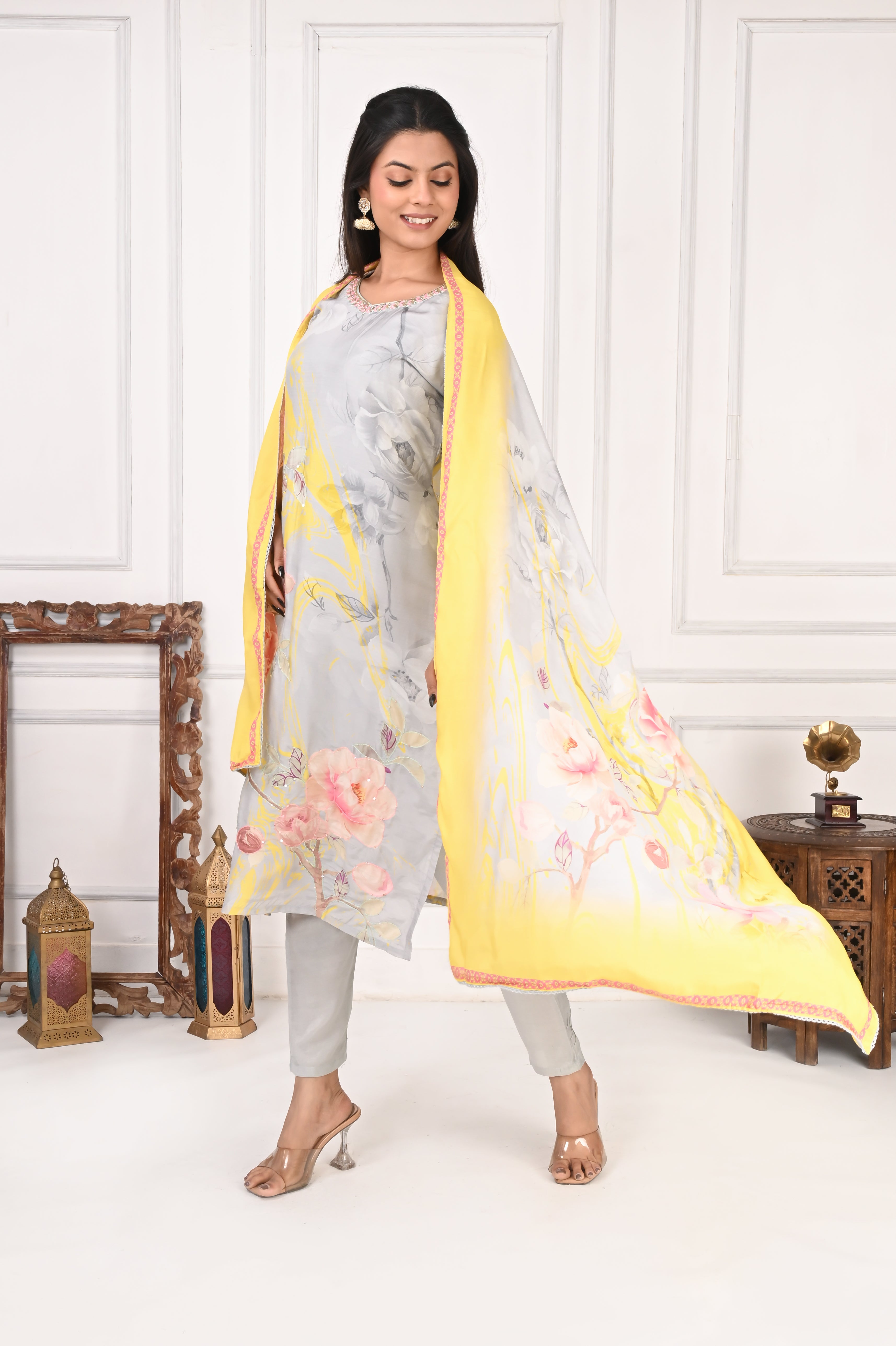 NR-137 Pastel Grey & Yellow Pure Maslin Floral Printed Kurta Set