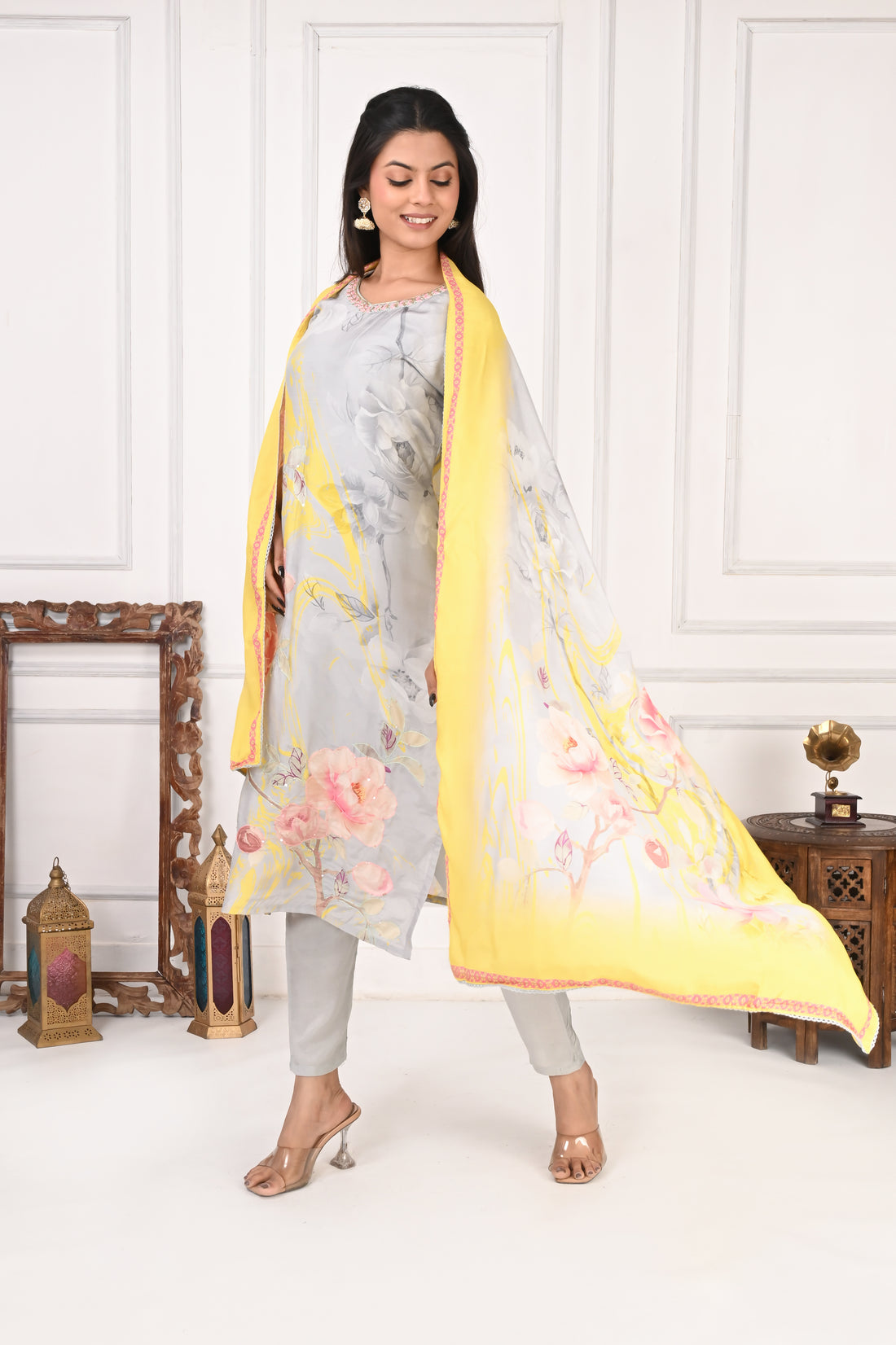 NR-137 Pastel Grey & Yellow Pure Maslin Floral Printed Kurta Set